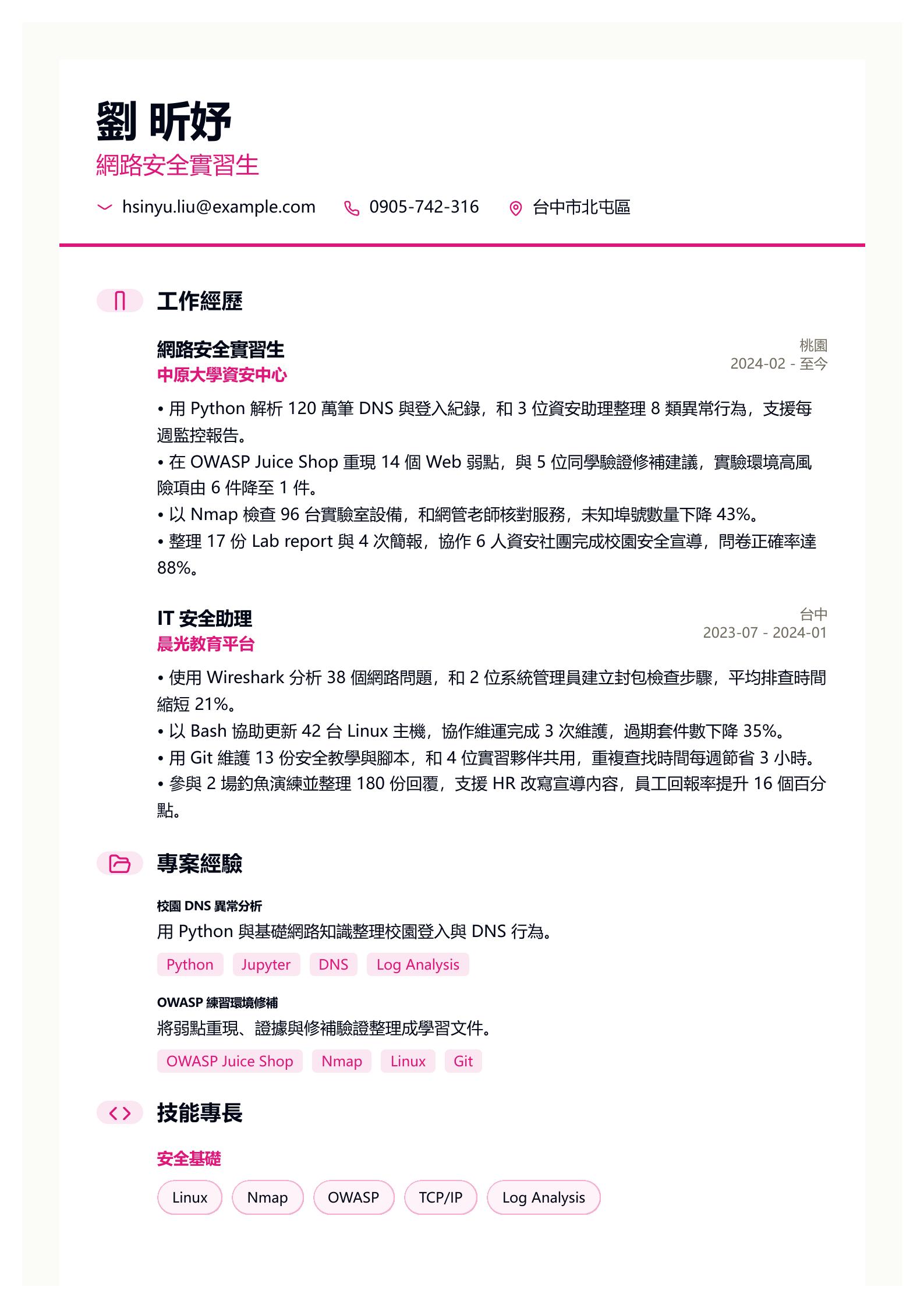 網路安全實習生履歷 預覽