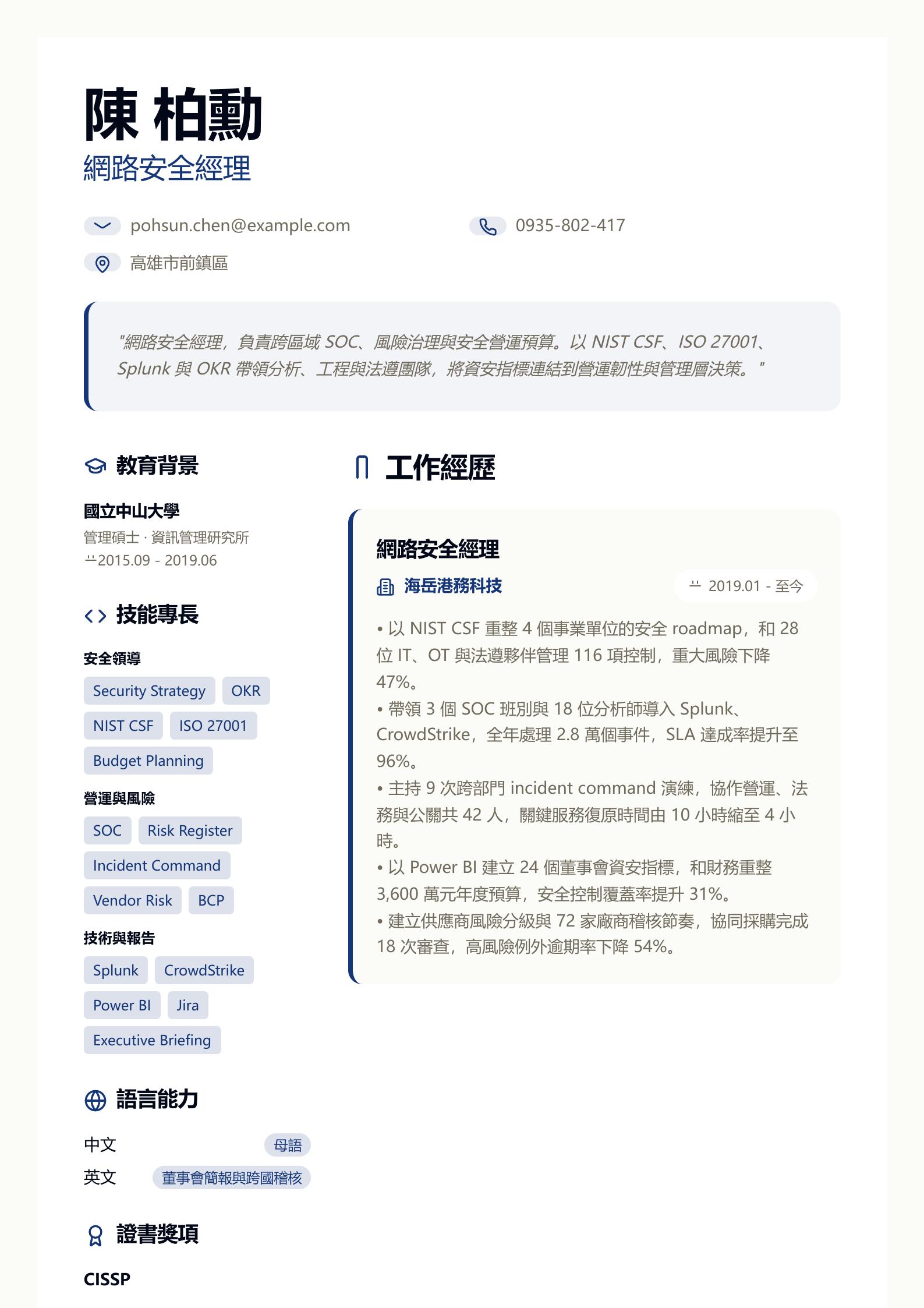 網路安全經理履歷 預覽
