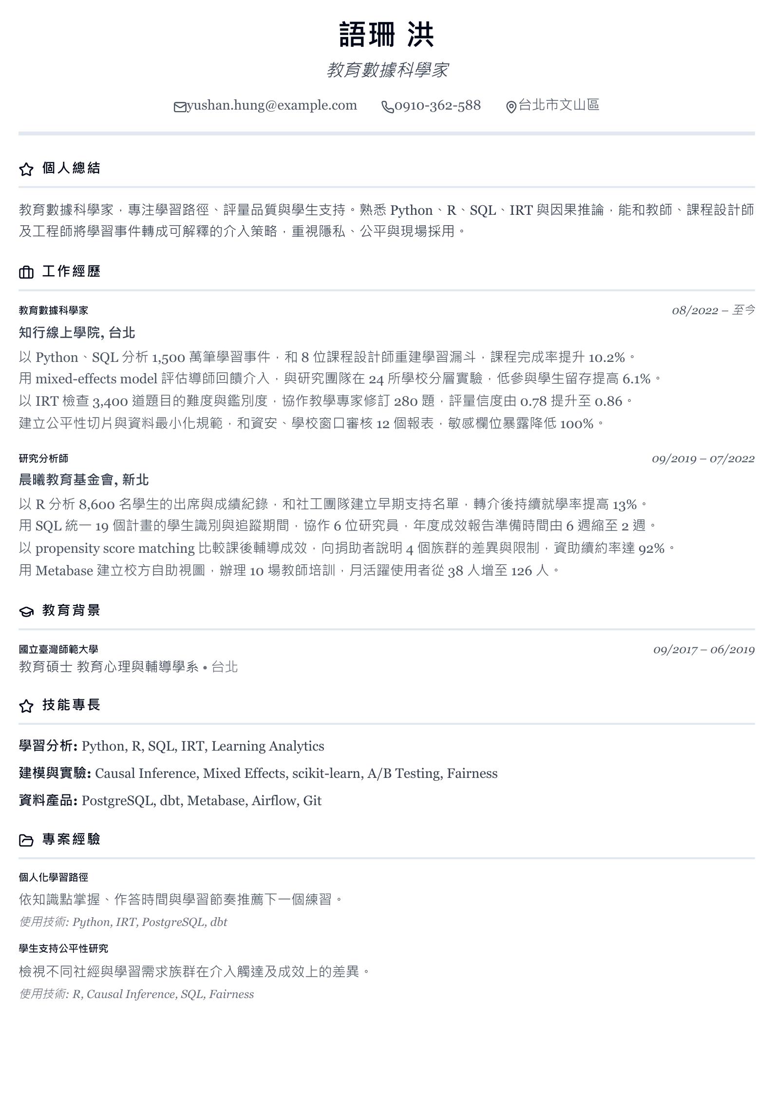 教育數據科學家履歷 預覽