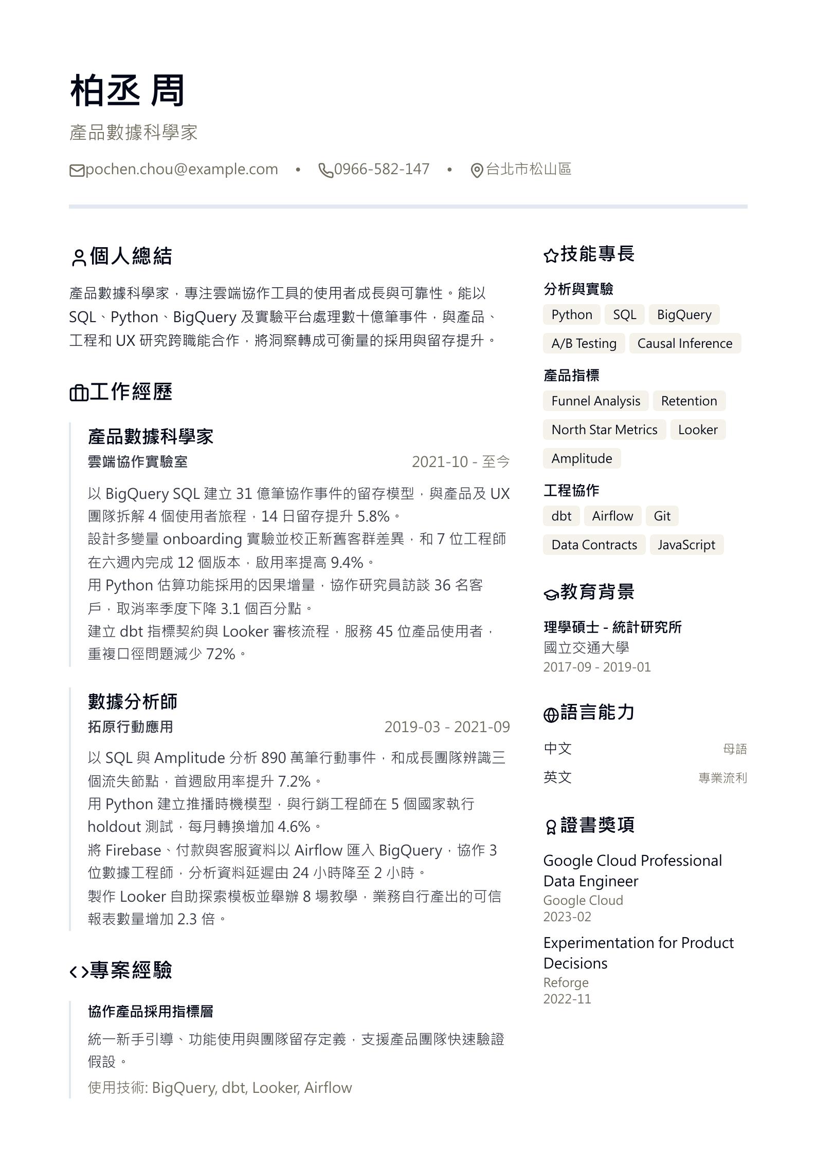 谷歌數據科學家履歷 預覽