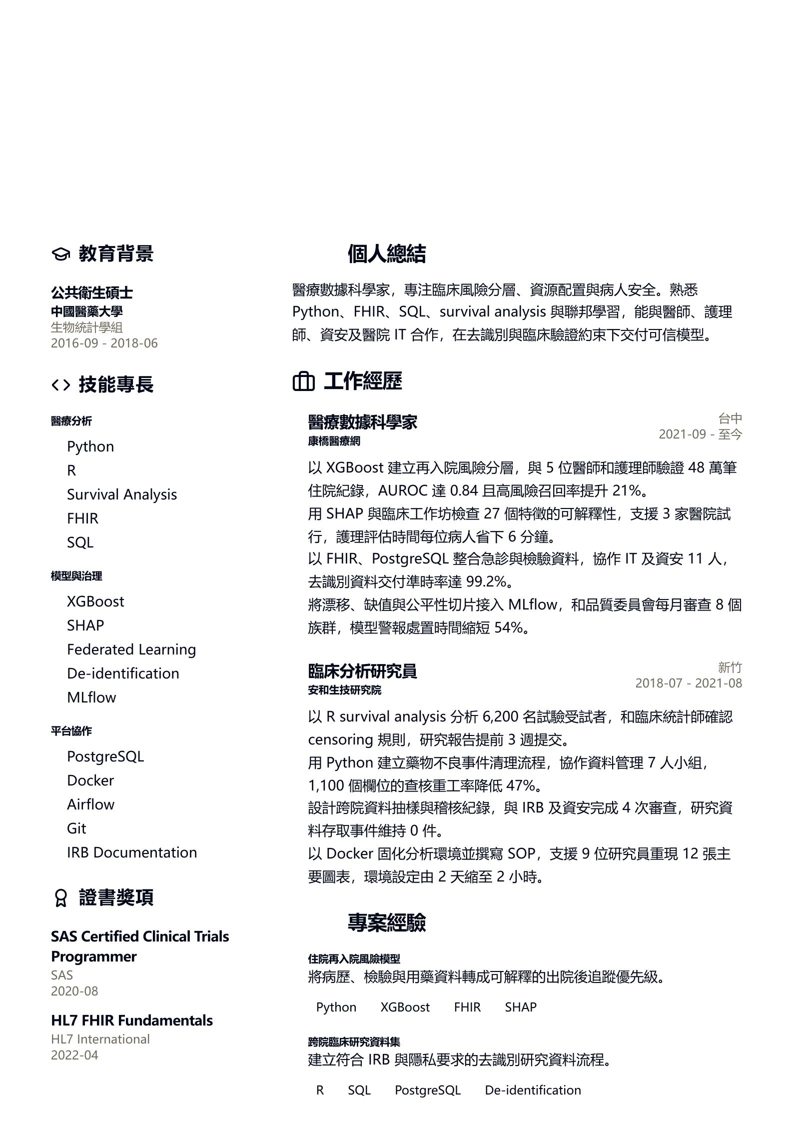 醫療保健數據科學家履歷 預覽