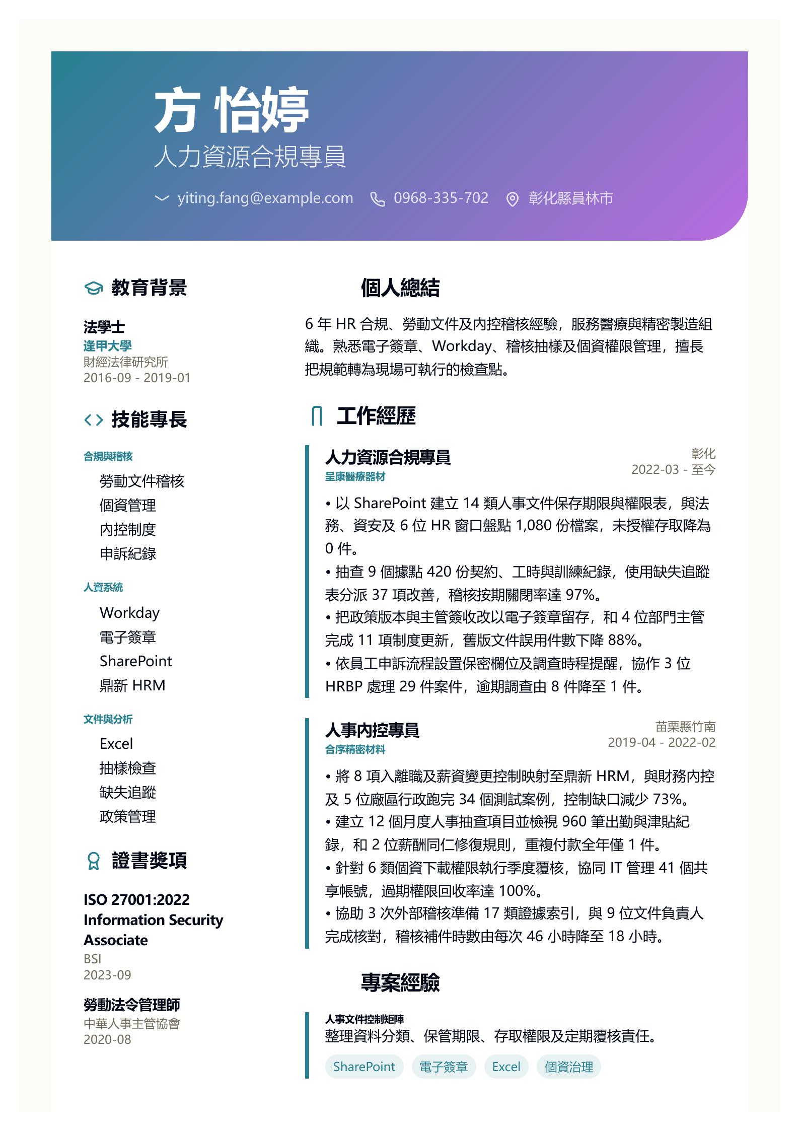 人力資源合規專員履歷 預覽