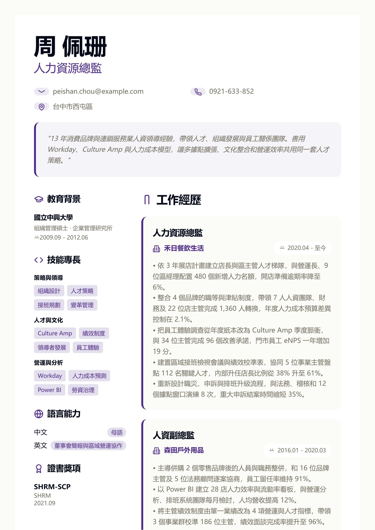 人力資源(HR)總監履歷 預覽