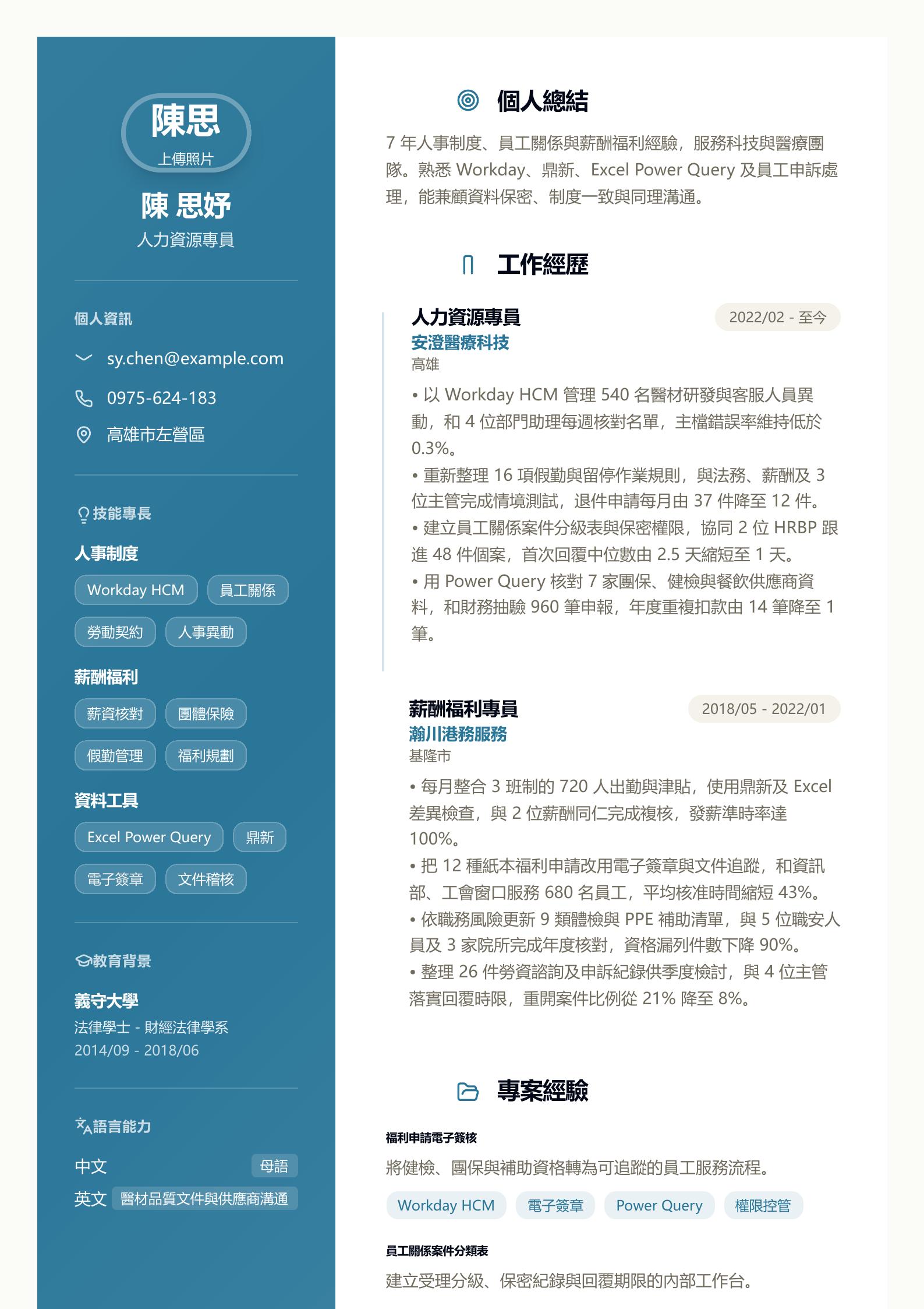 人力資源(HR)專員履歷 預覽