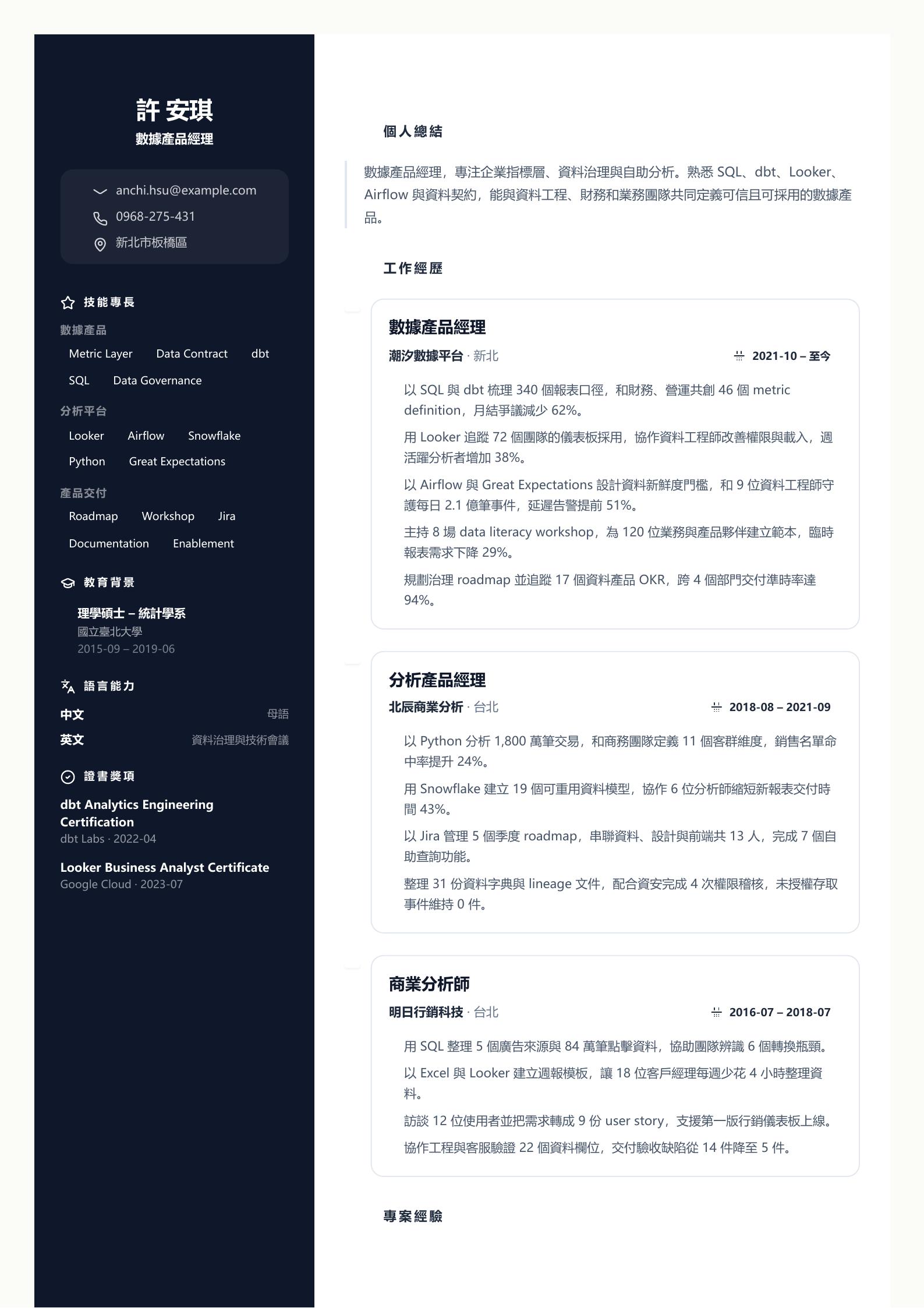 數據產品經理履歷 預覽