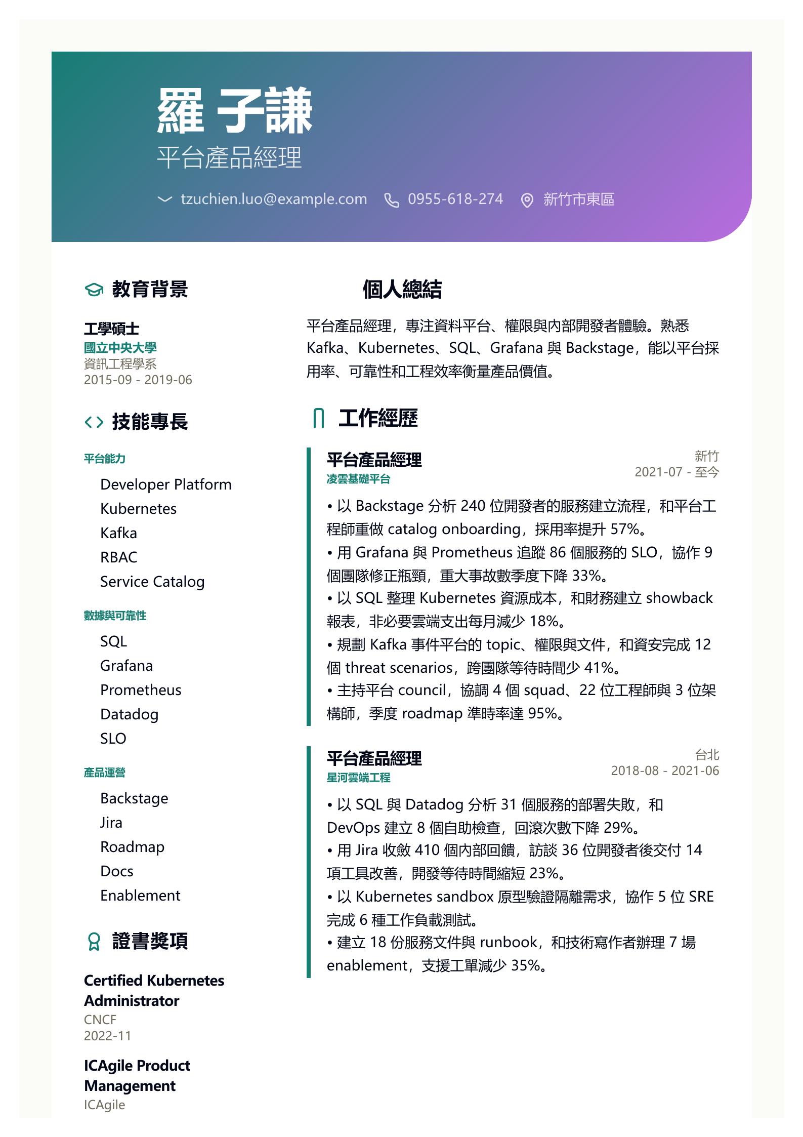 平台產品經理履歷 預覽