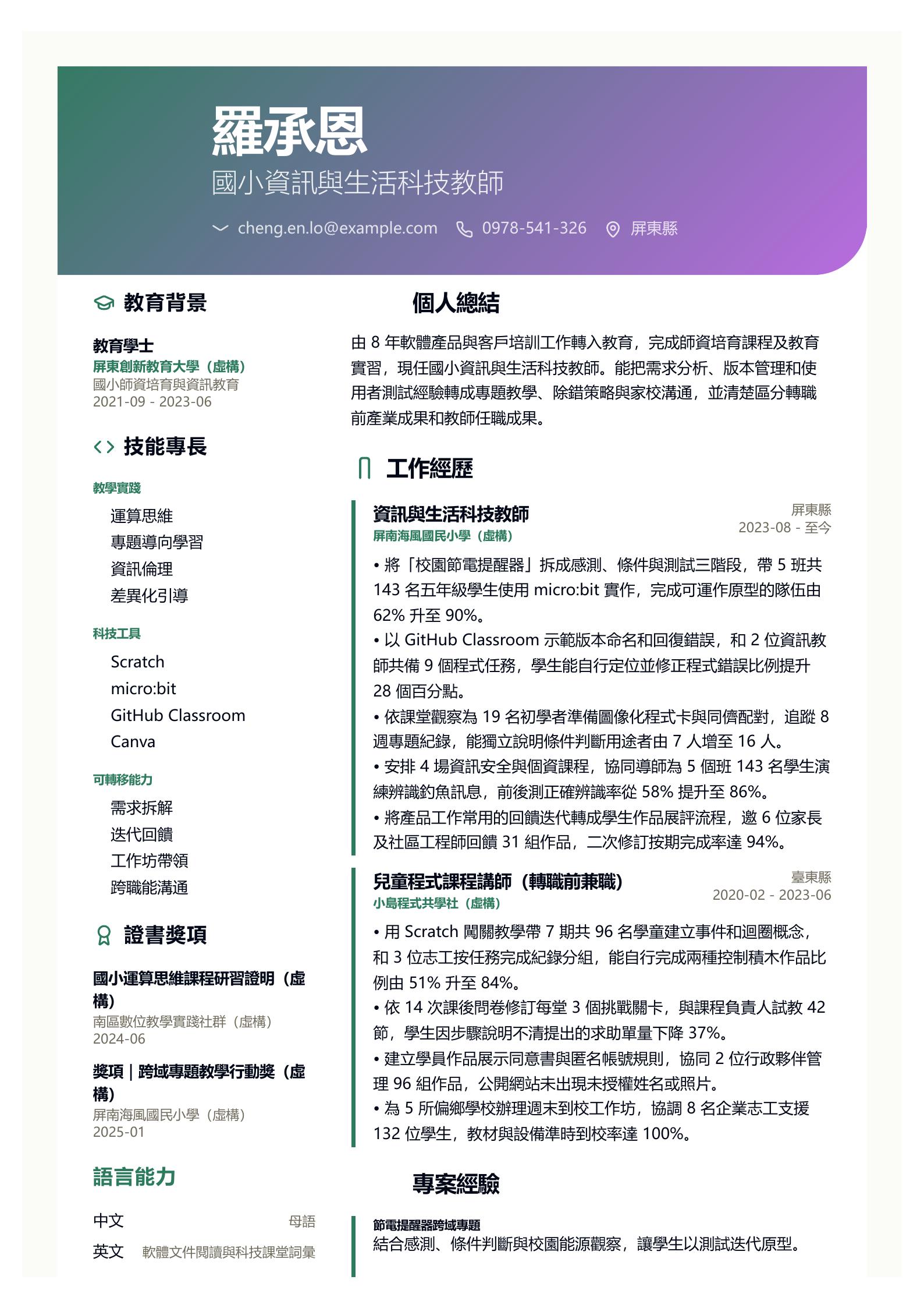 轉職教師履歷範文 第一頁履歷預覽