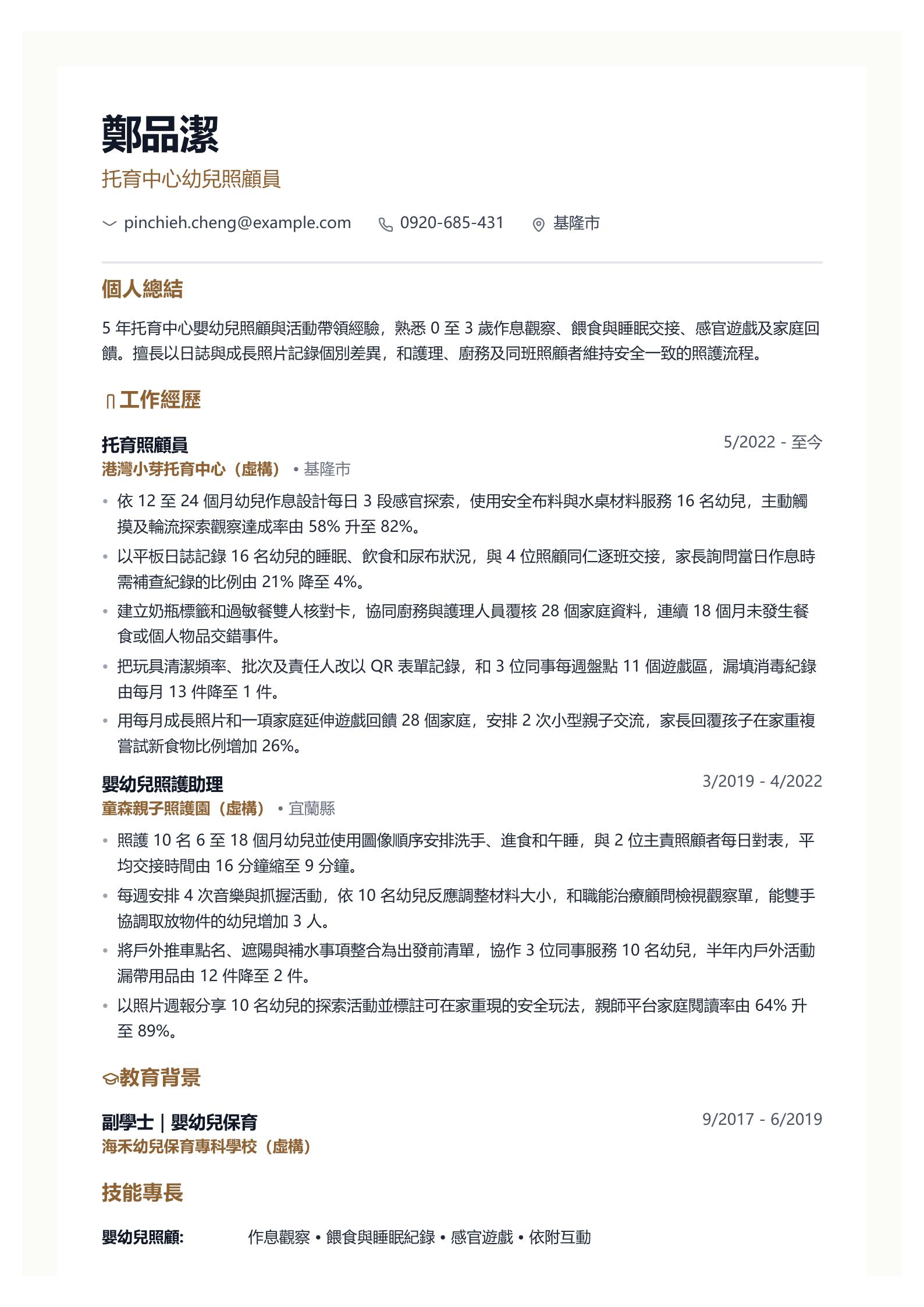托兒所教師履歷範文 第一頁履歷預覽