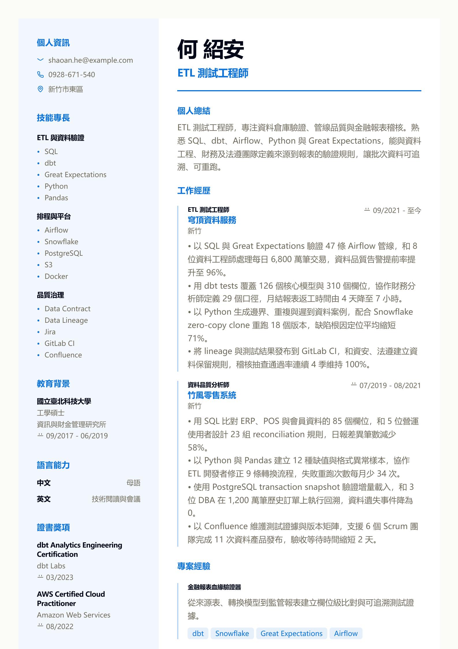 ETL測試工程師履歷 預覽