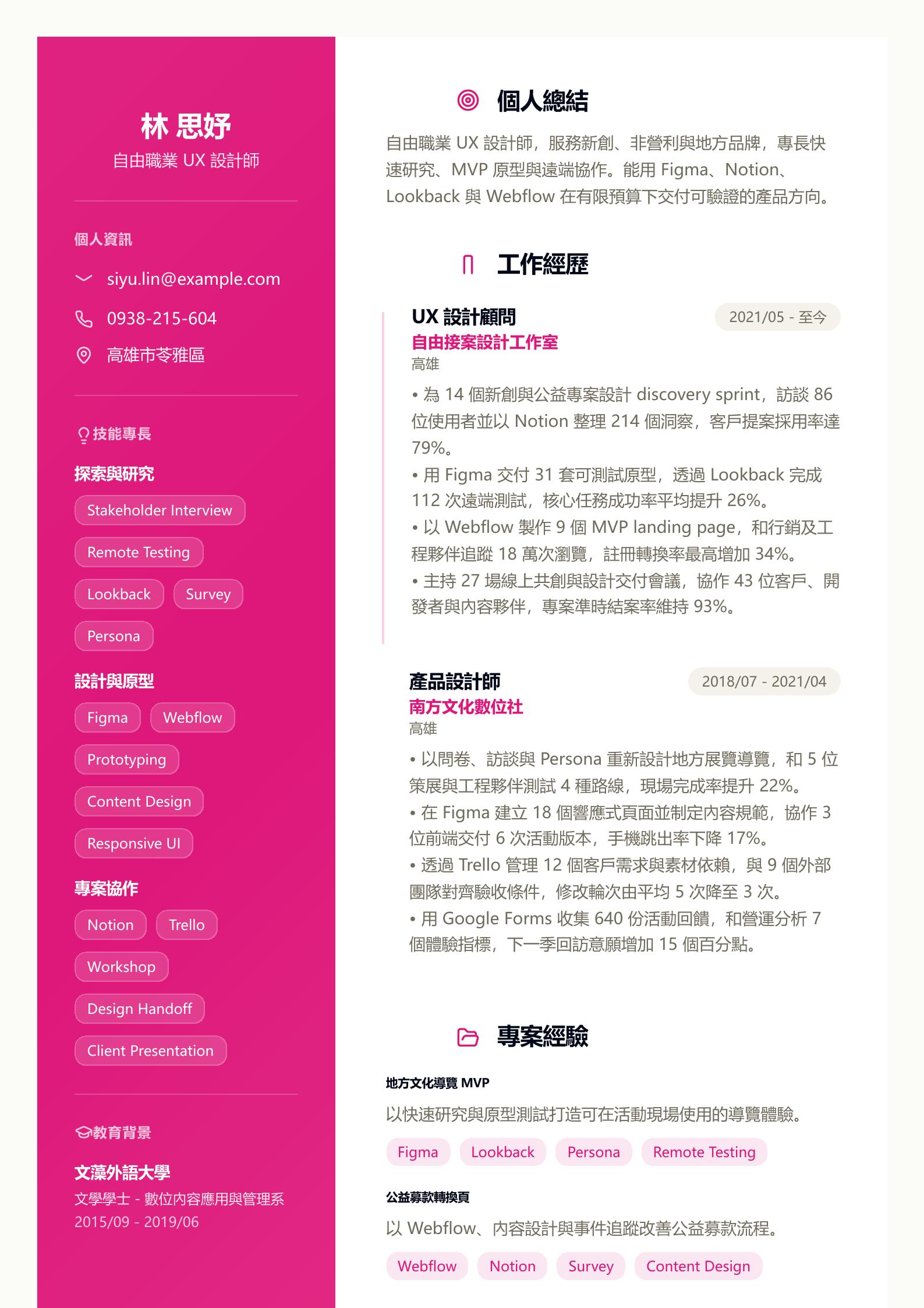 自由職業 UX 設計師履歷 預覽