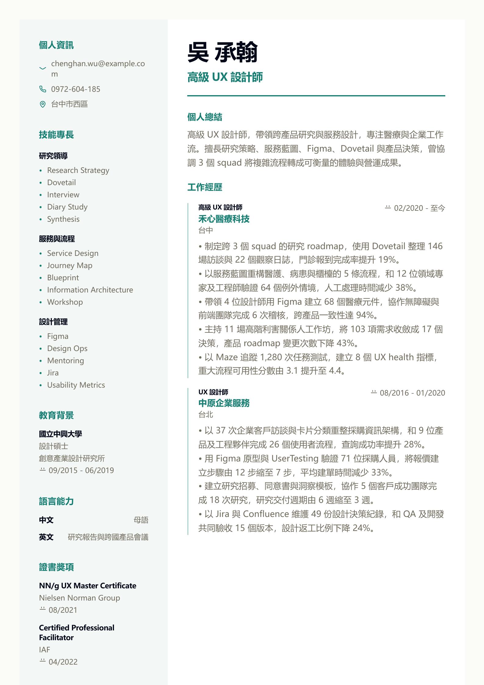 高級 UX 設計師履歷 預覽