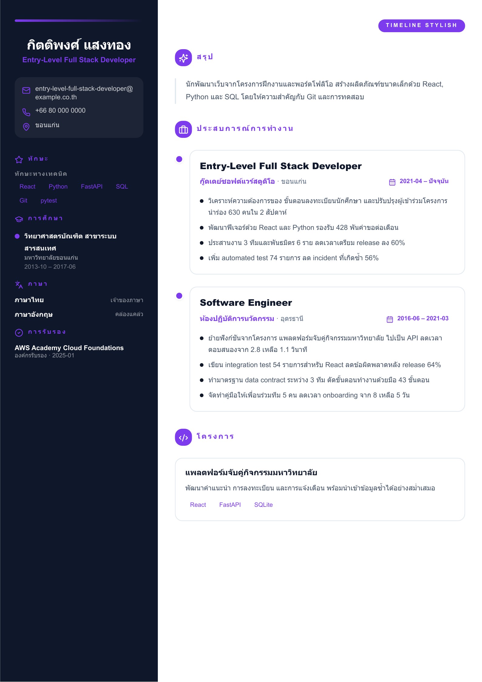 เรซูเม่ Full Stack Developer ระดับเริ่มต้น - ตัวอย่างภาษาไทย