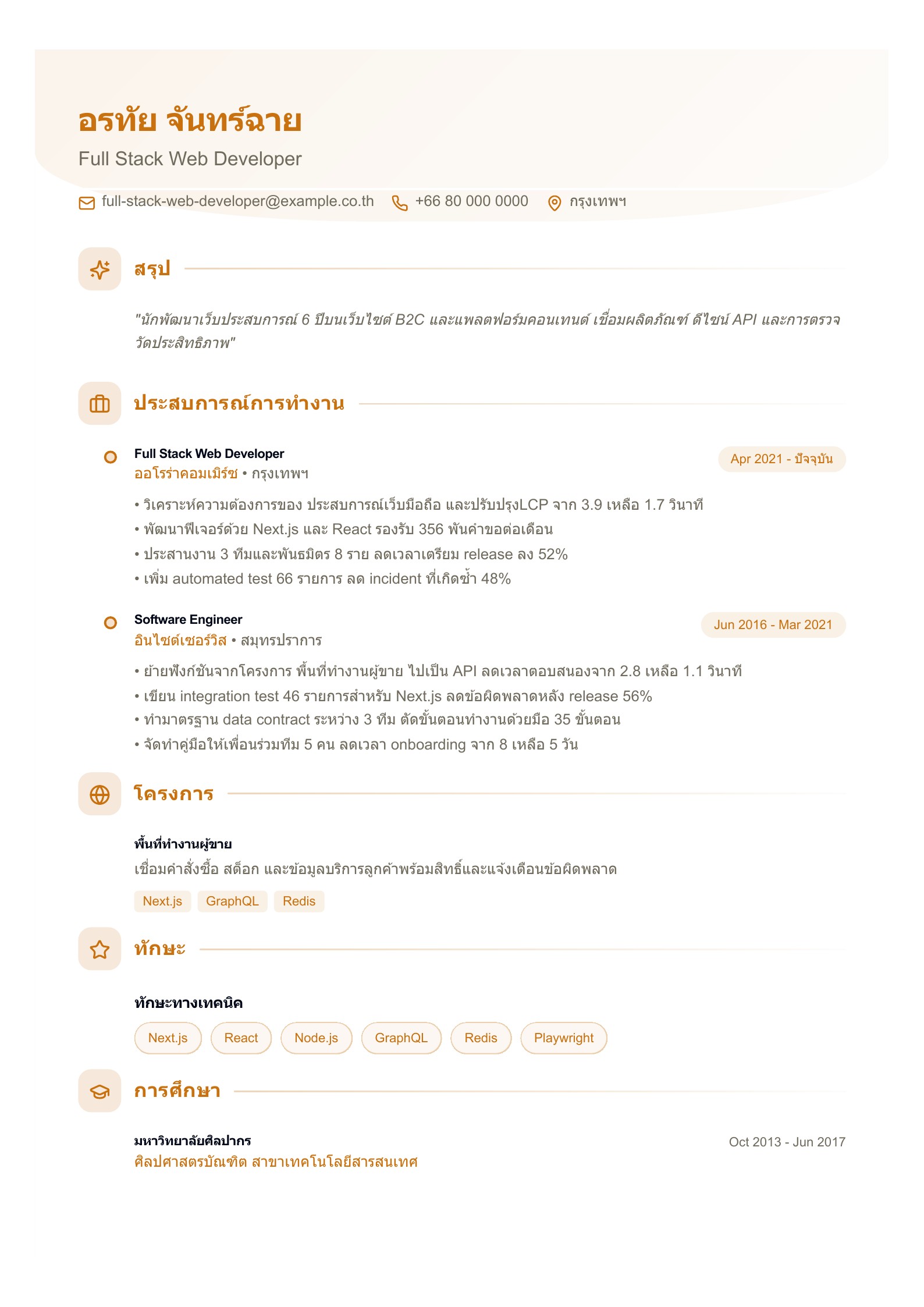 เรซูเม่ Full Stack Web Developer - ตัวอย่างภาษาไทย