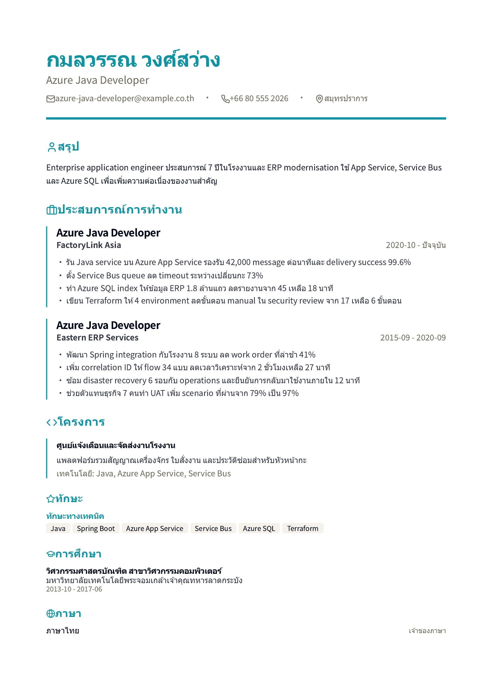 เรซูเม่ Azure Java Developer - ตัวอย่างภาษาไทย
