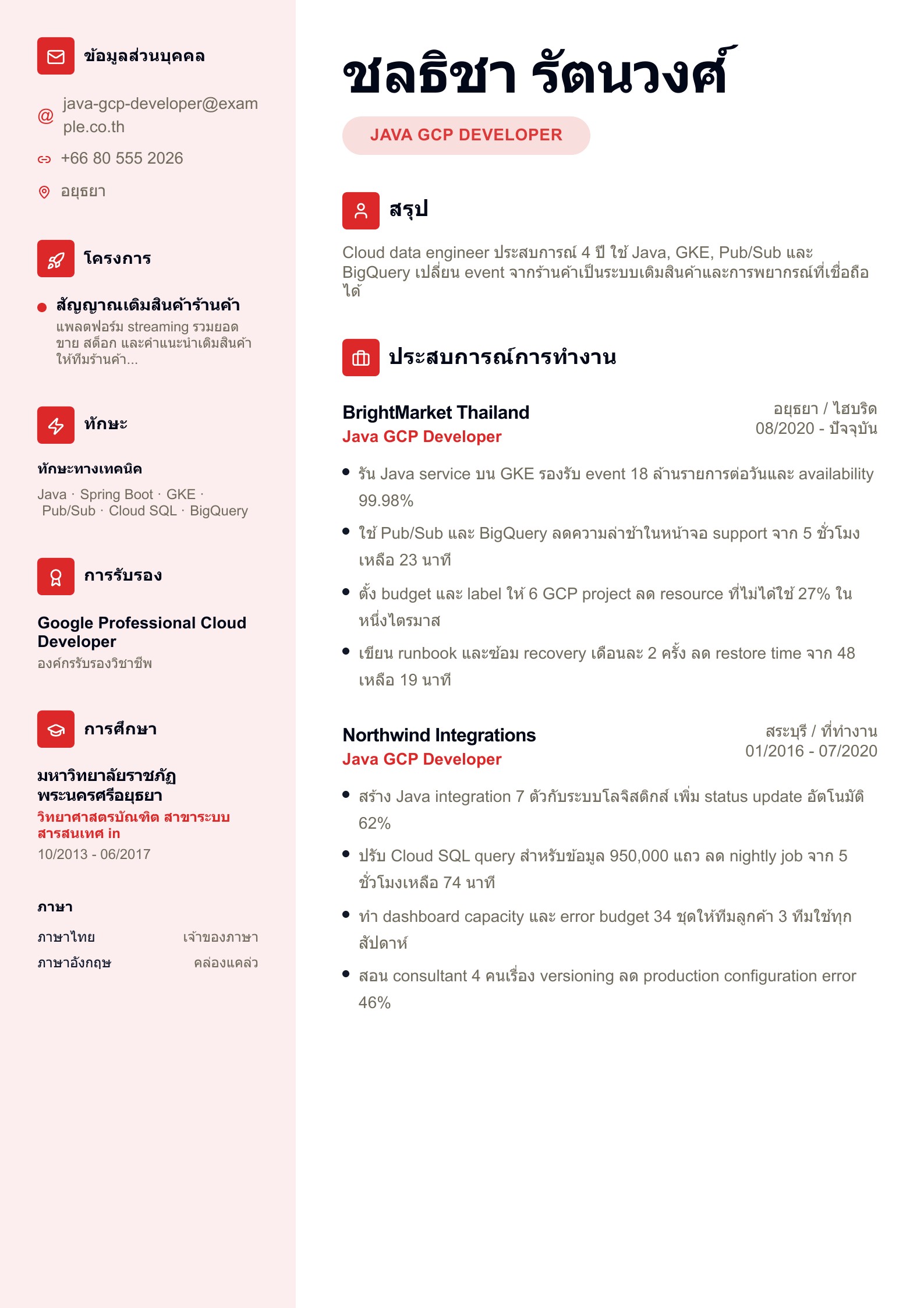 เรซูเม่ Java GCP Developer - ตัวอย่างภาษาไทย