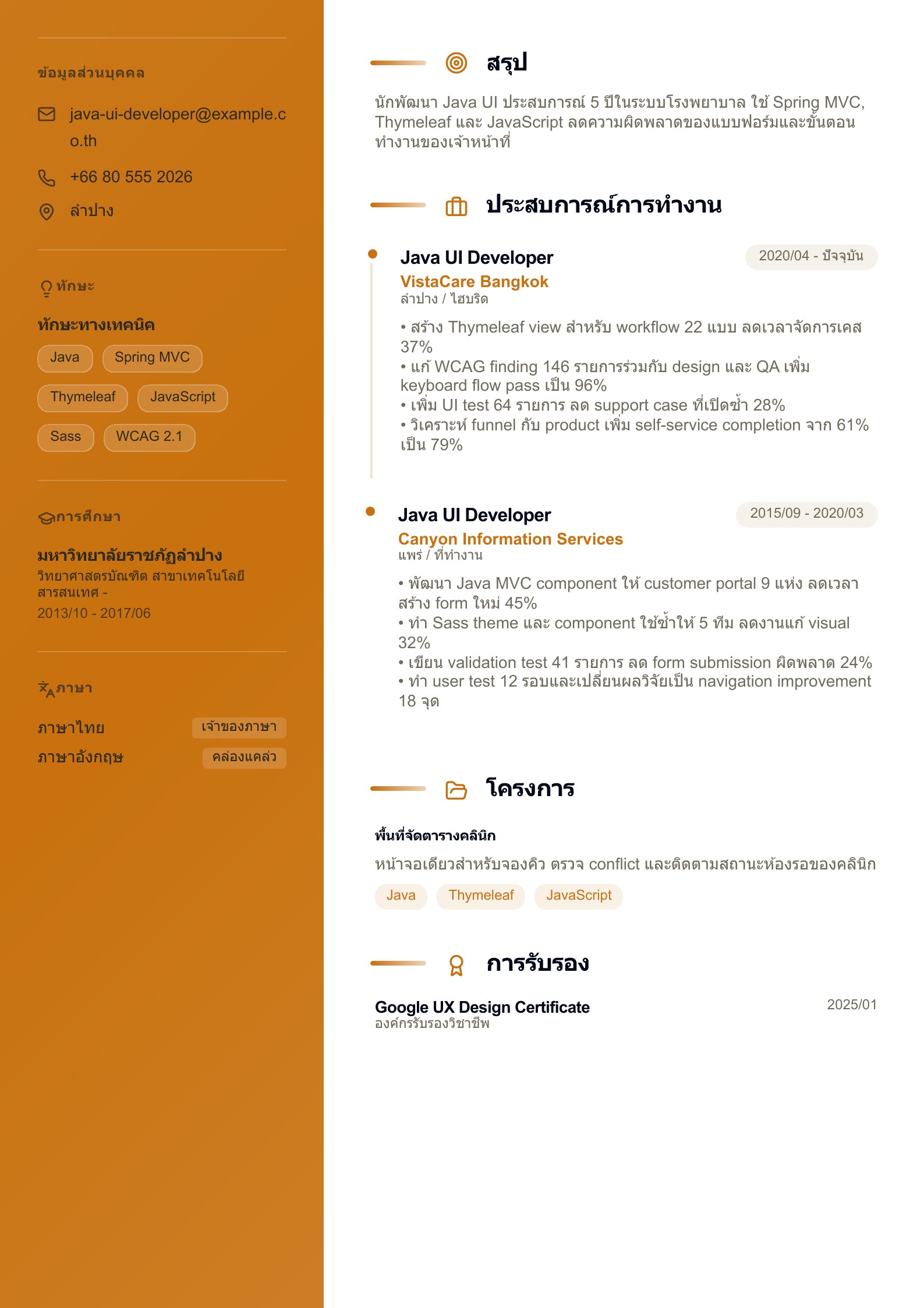 เรซูเม่ Java UI Developer - ตัวอย่างภาษาไทย