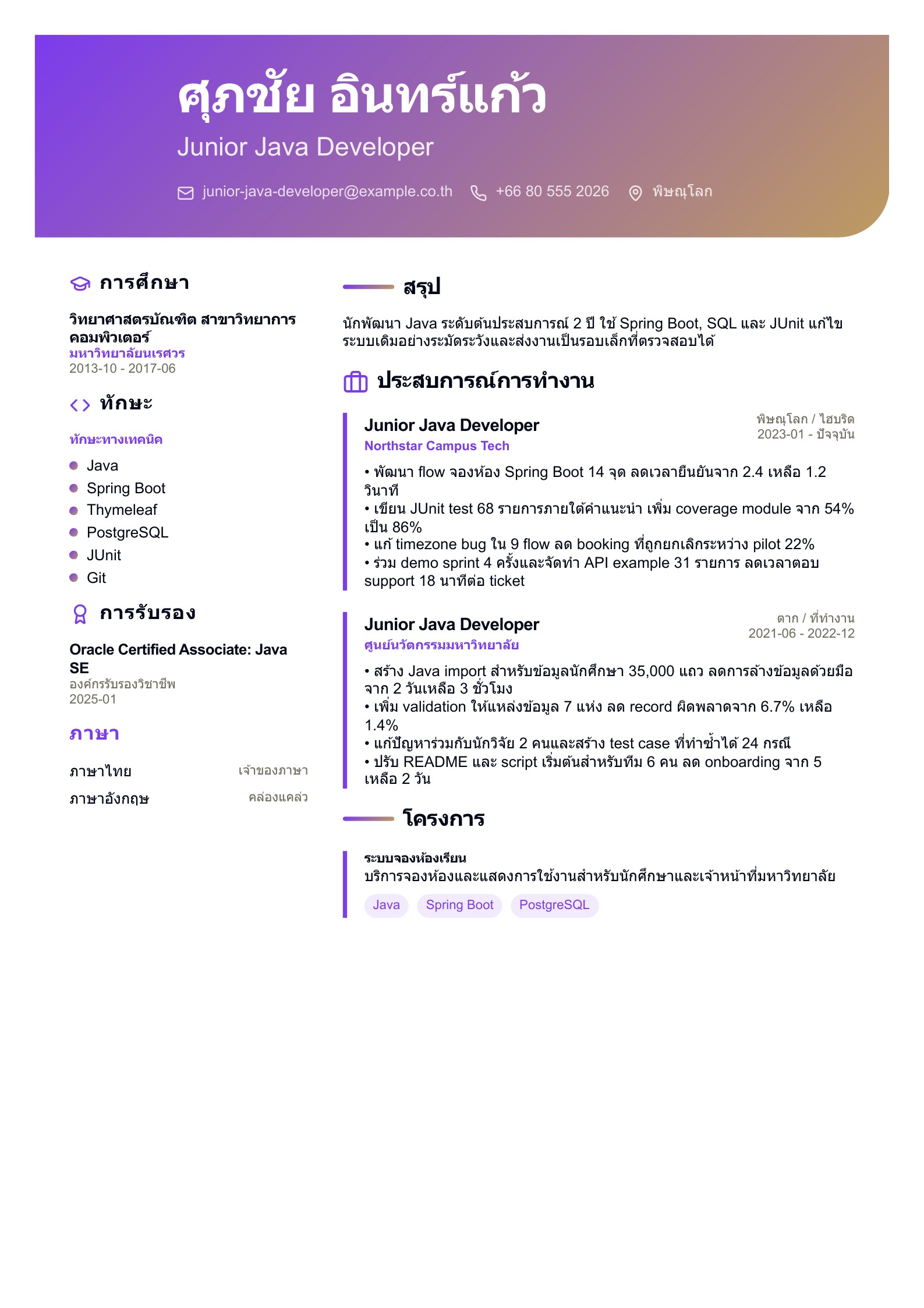 เรซูเม่ Junior Java Developer - ตัวอย่างภาษาไทย