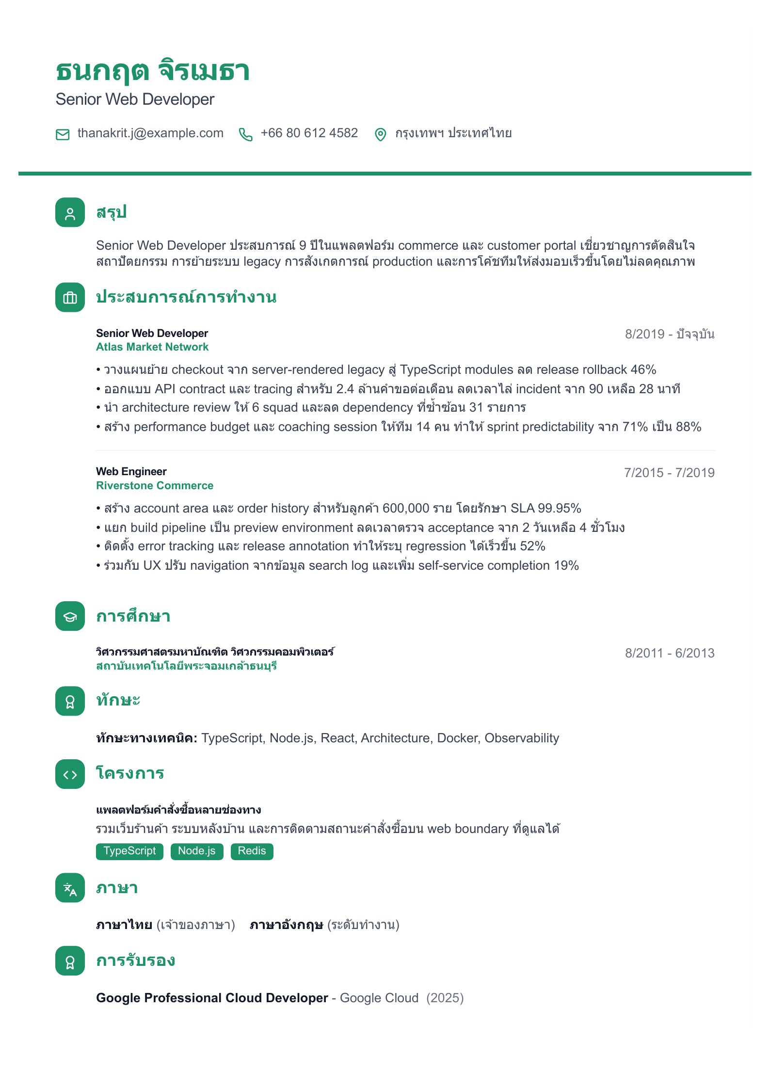 เรซูเม่ Senior Web Developer - ตัวอย่างเรซูเม่ภาษาไทย