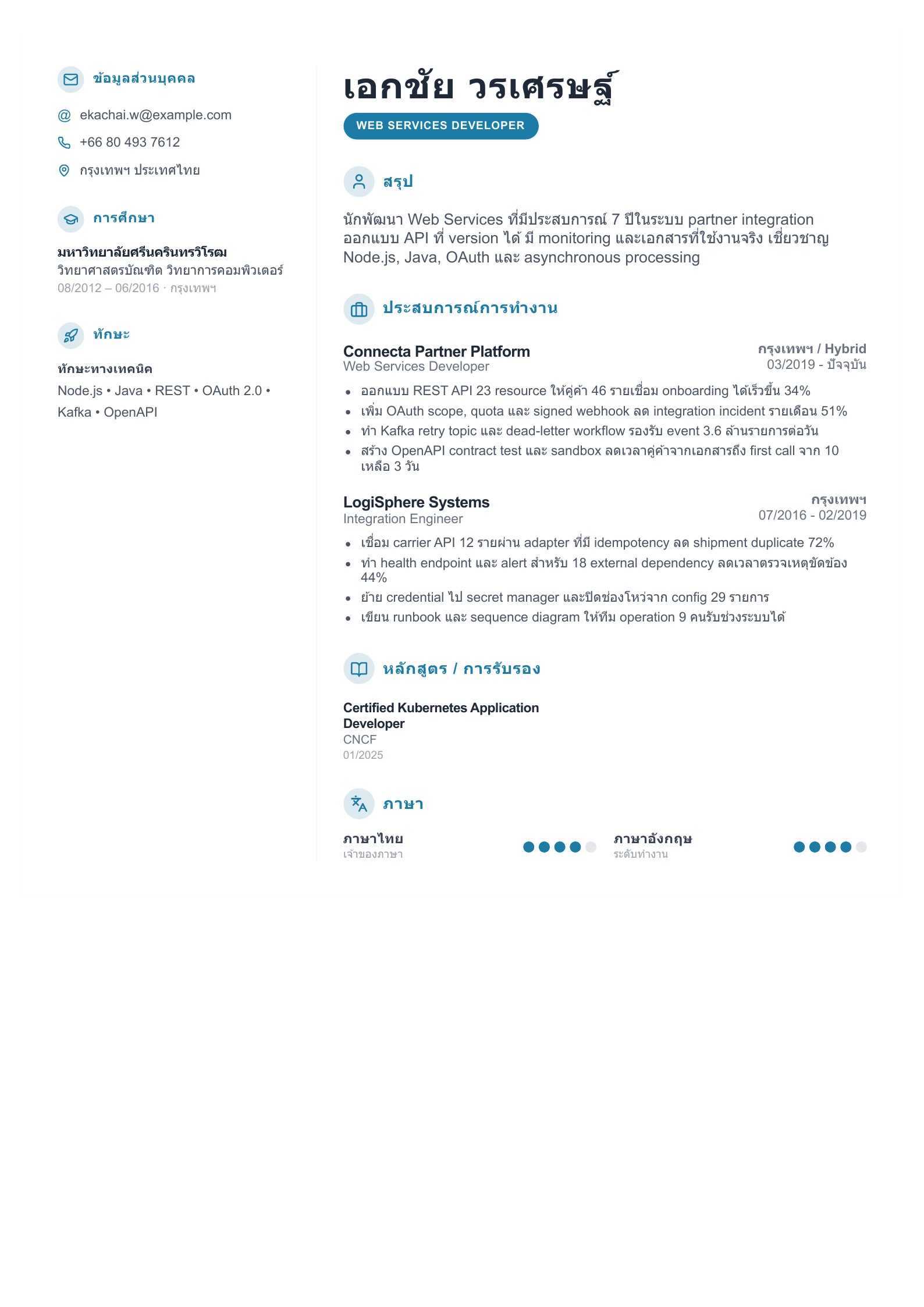 เรซูเม่ Web Services Developer - ตัวอย่างเรซูเม่ภาษาไทย