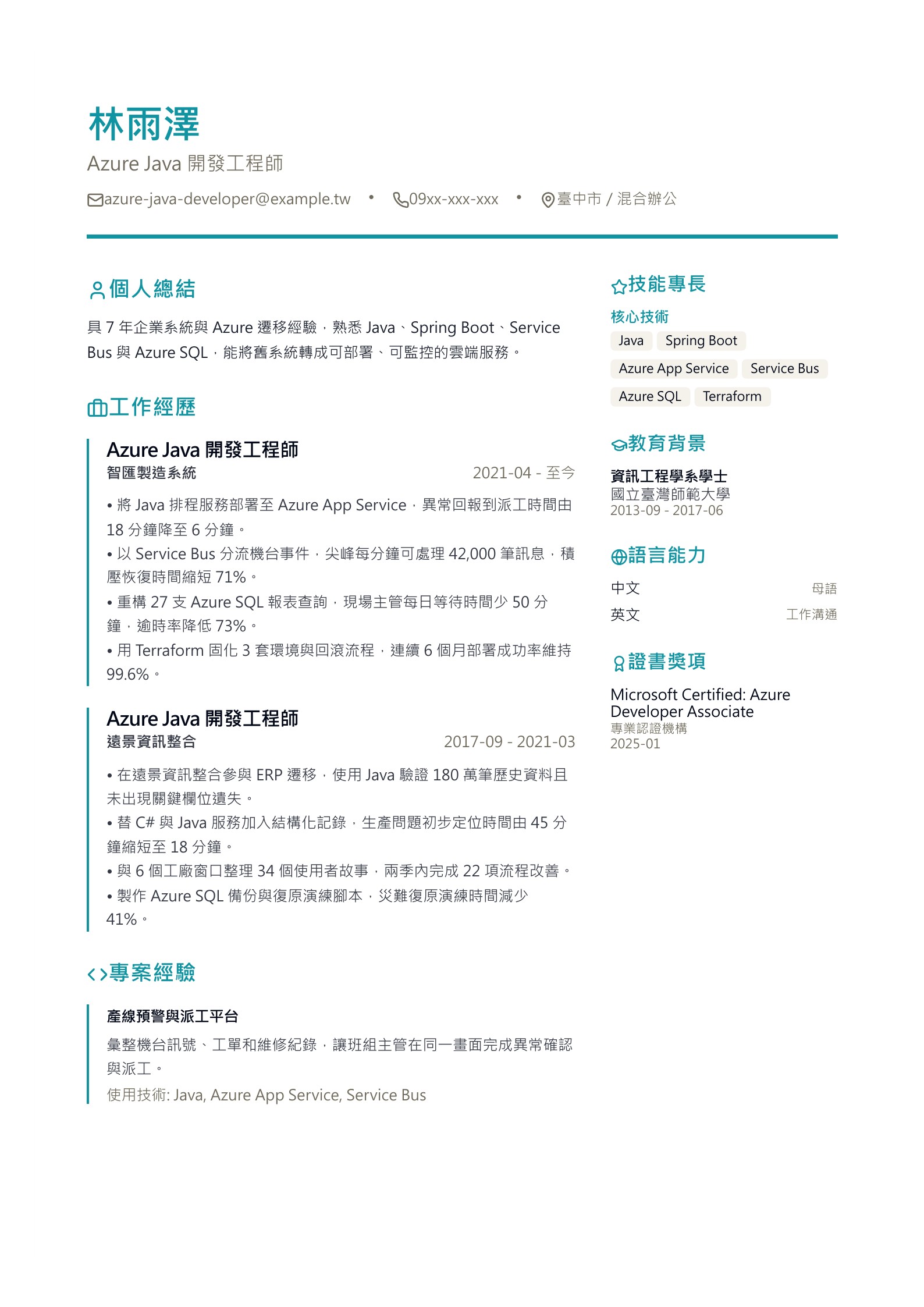 Azure Java 開發工程師履歷示意圖,可免費下載 PDF