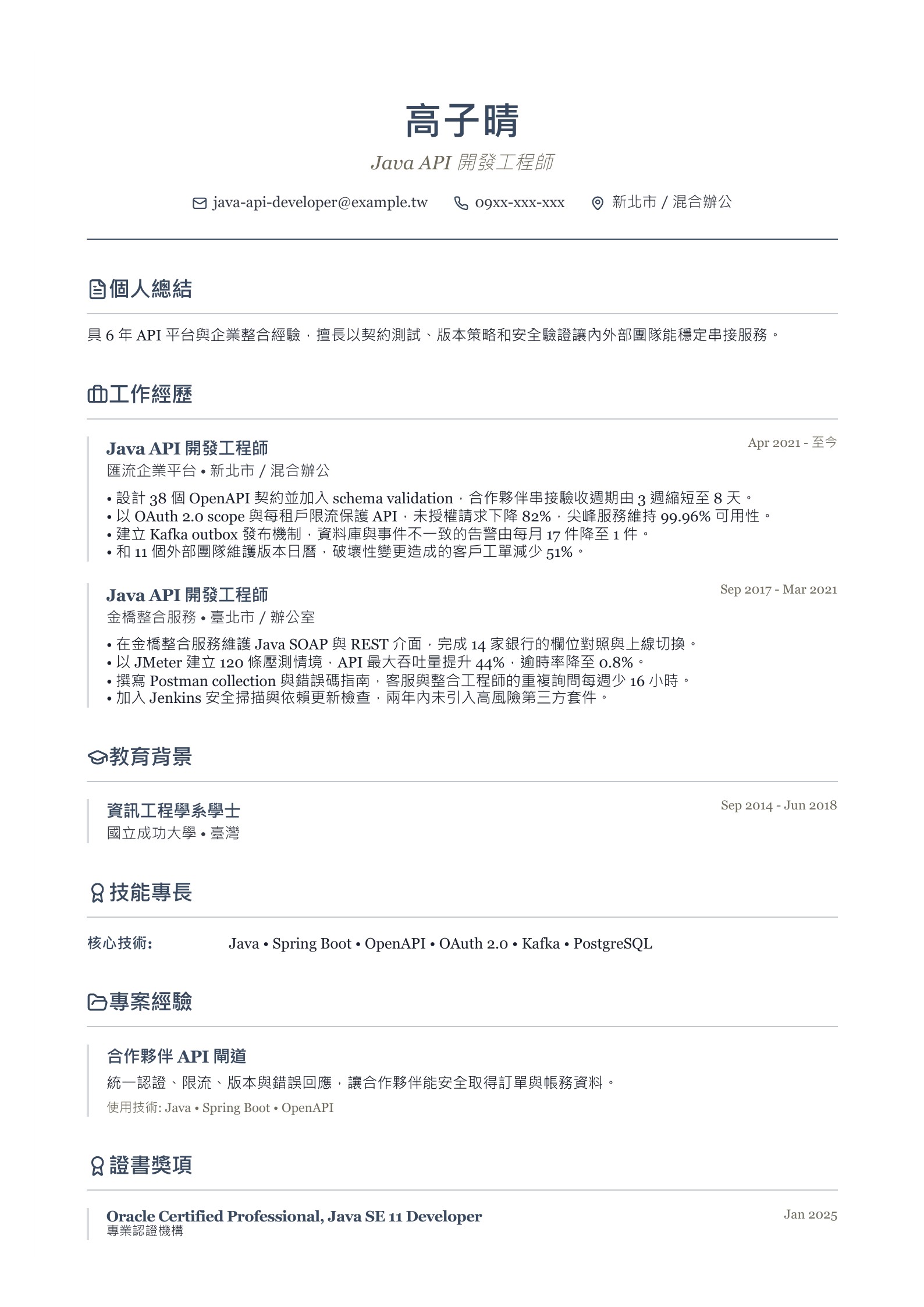 Java API 開發工程師履歷示意圖,可免費下載 PDF