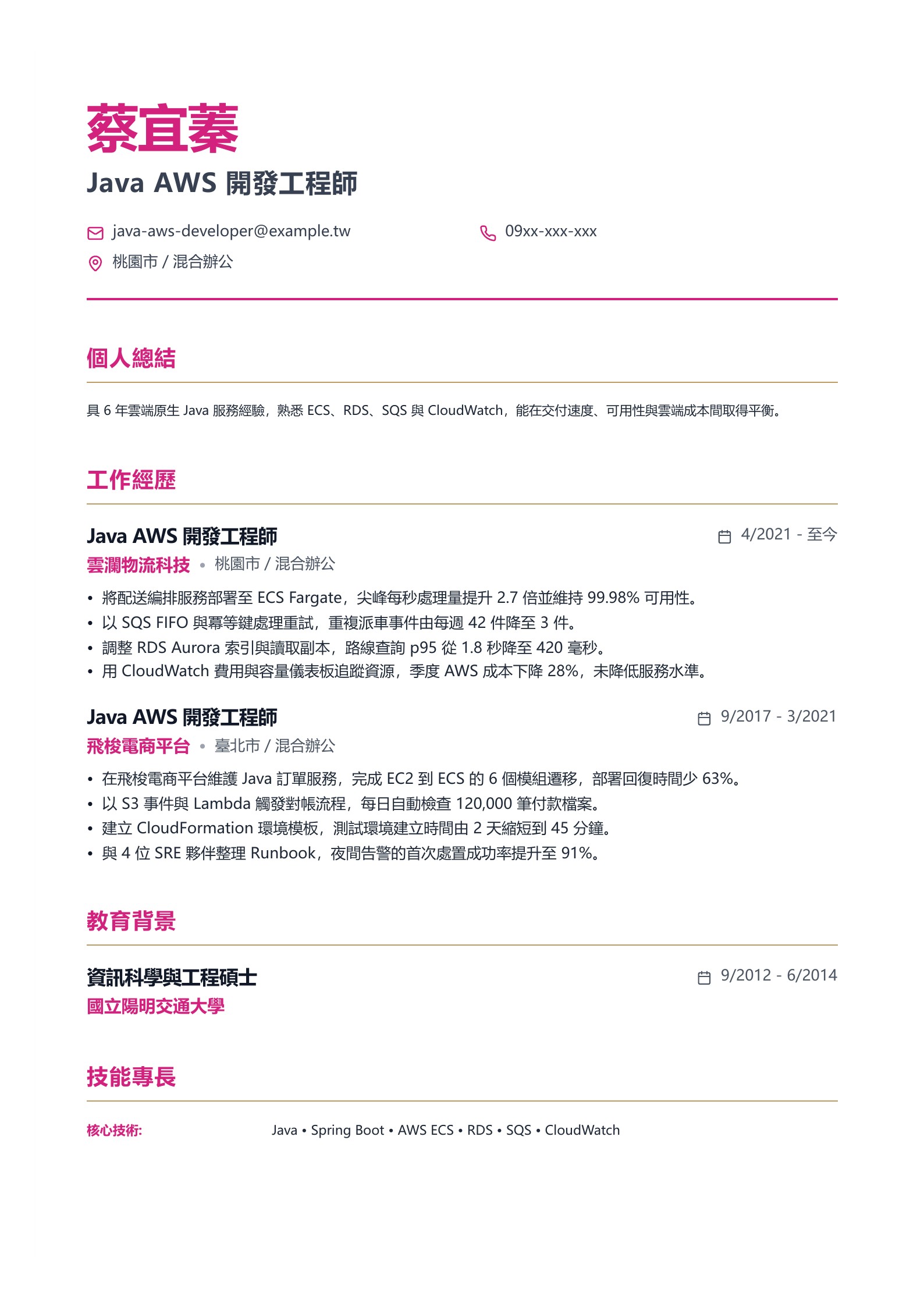 Java AWS 開發工程師履歷示意圖,可免費下載 PDF