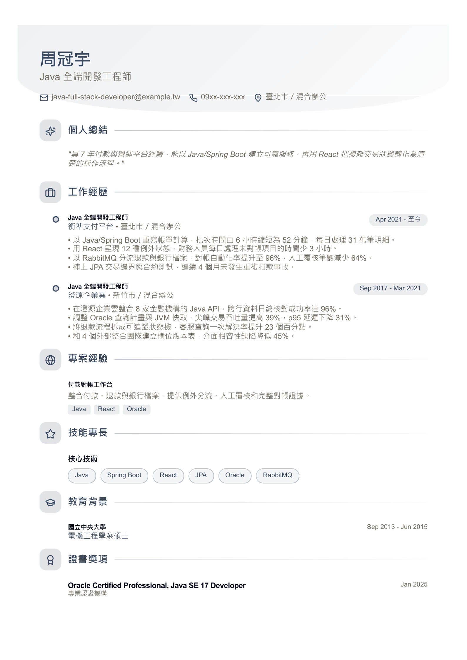 Java 全端開發工程師履歷示意圖,可免費下載 PDF