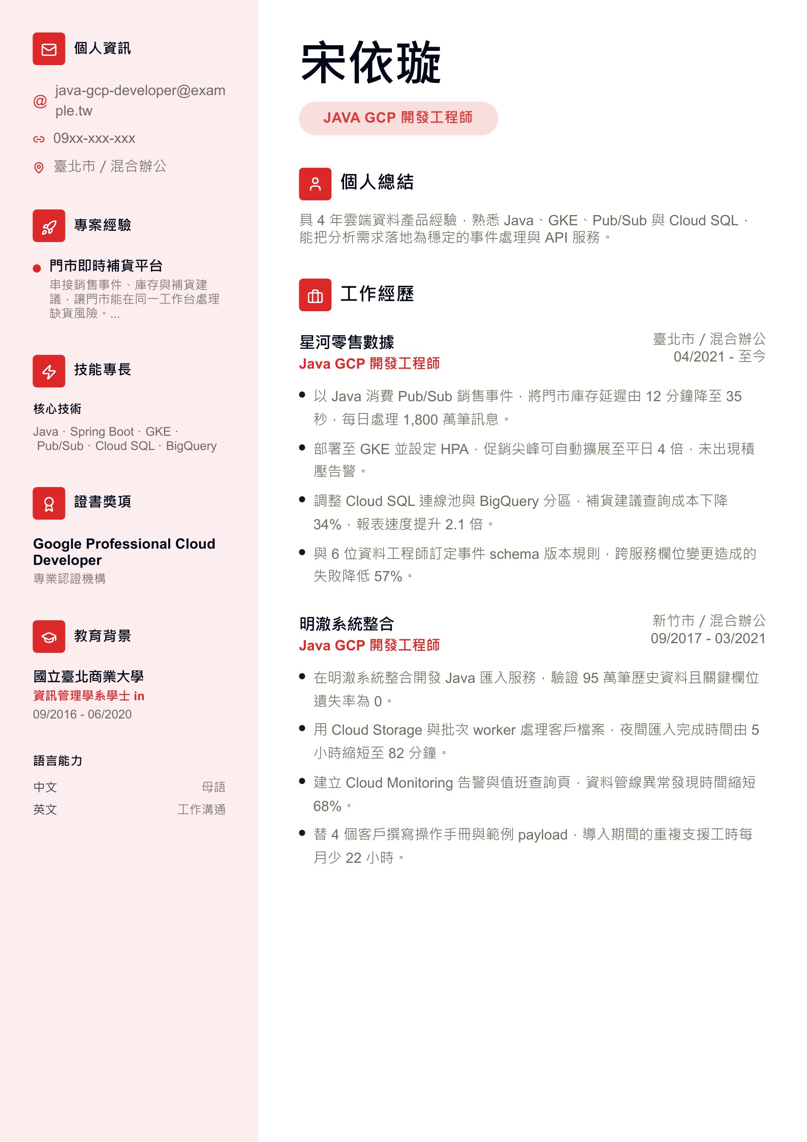 Java GCP 開發工程師履歷示意圖,可免費下載 PDF