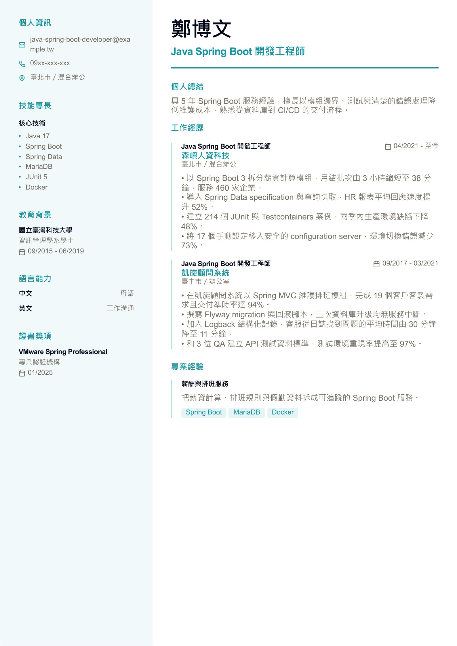 Java Spring Boot 開發工程師履歷示意圖,可免費下載 PDF