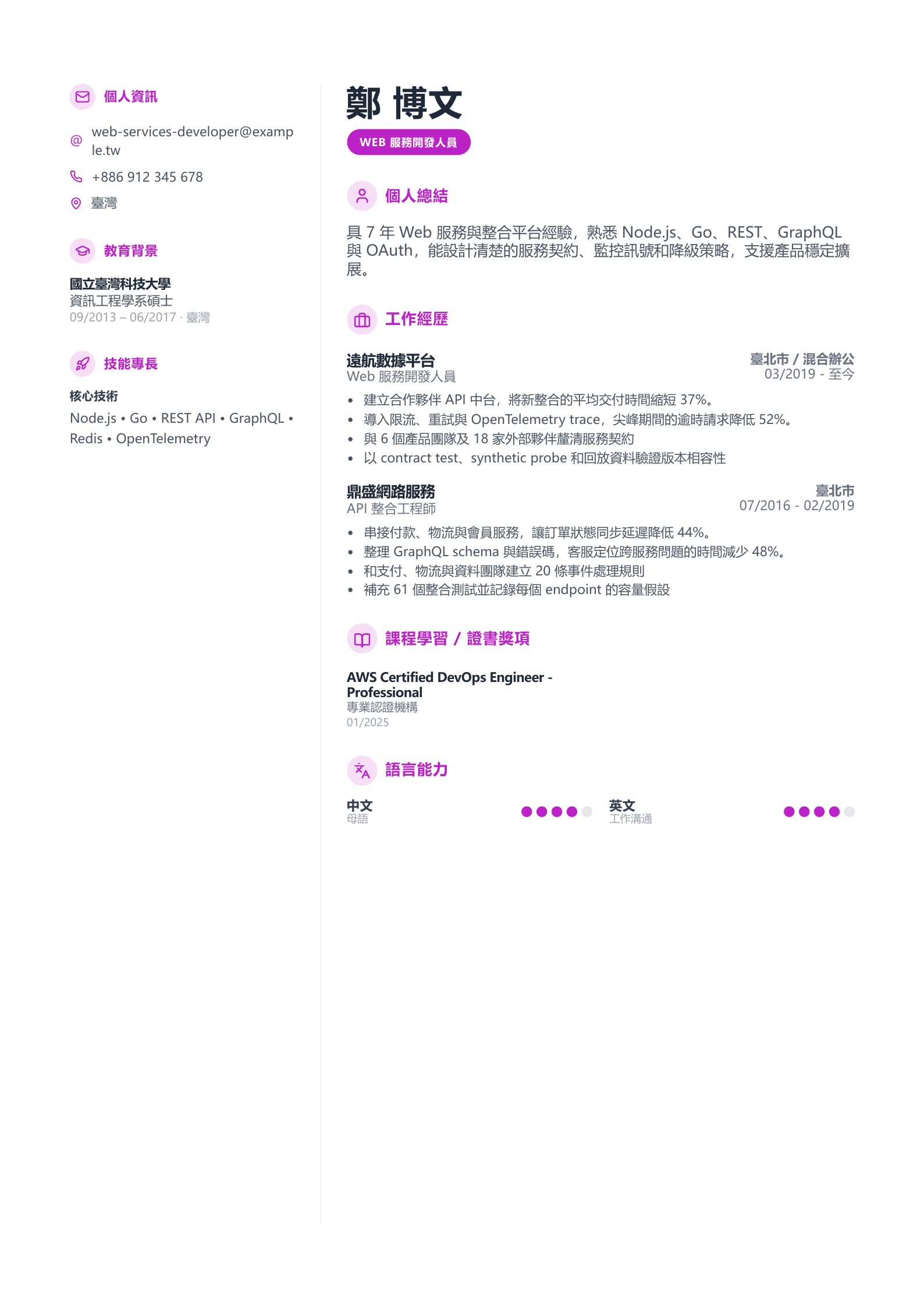 Web 服務開發人員履歷示意圖,可免費下載 PDF