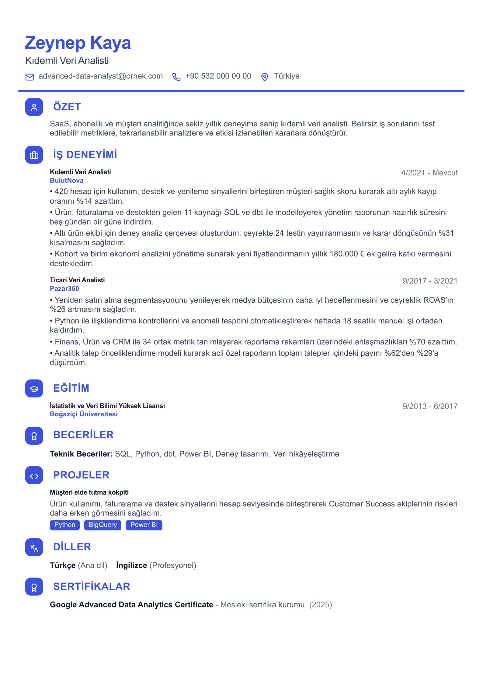 Türkçe Veri Analisti CV Örnekleri PDF ve yazım rehberiyle önizlemesi