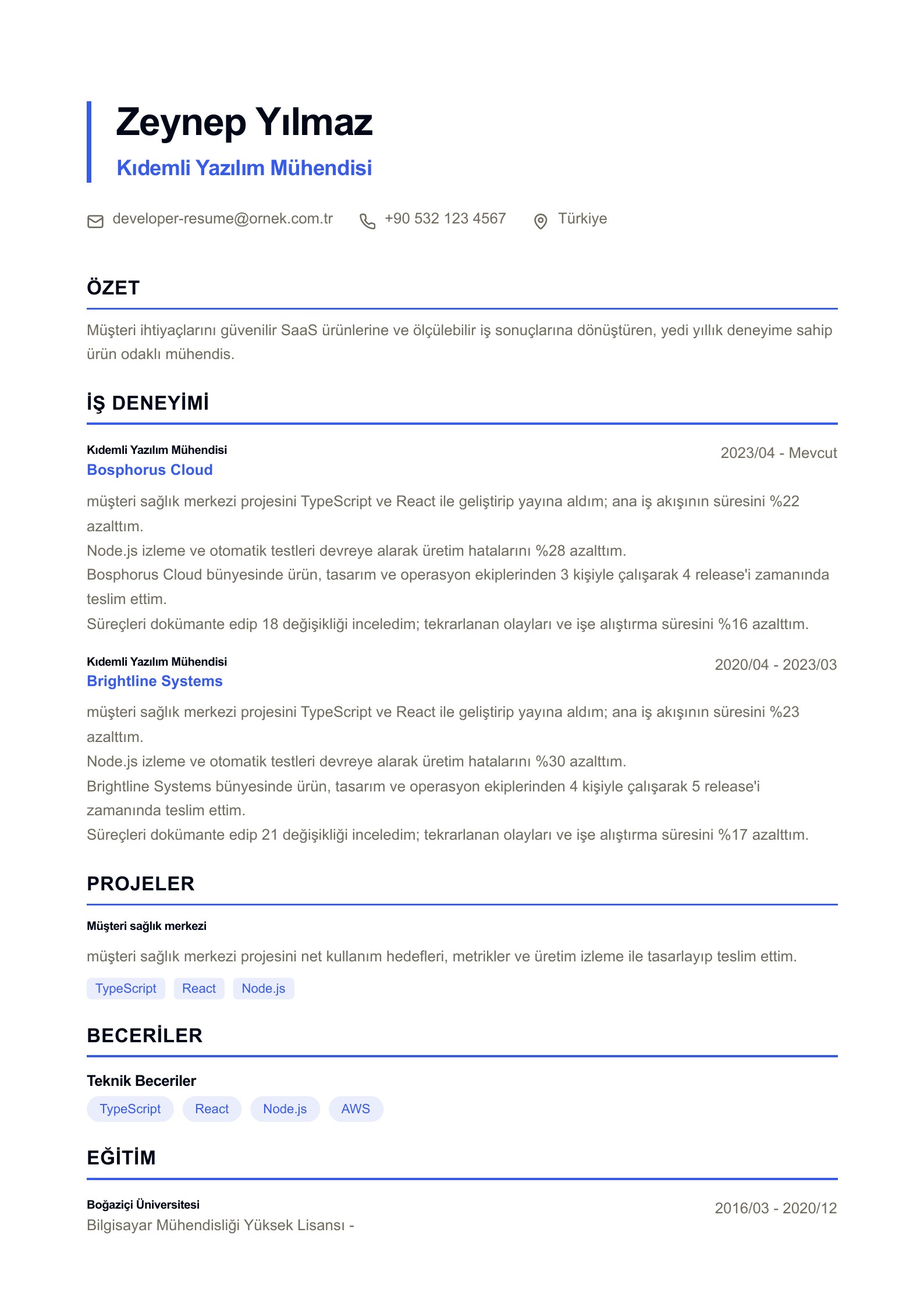 Yazılım mühendisleri için CV PDF ve online düzenleme ile önizlemesi