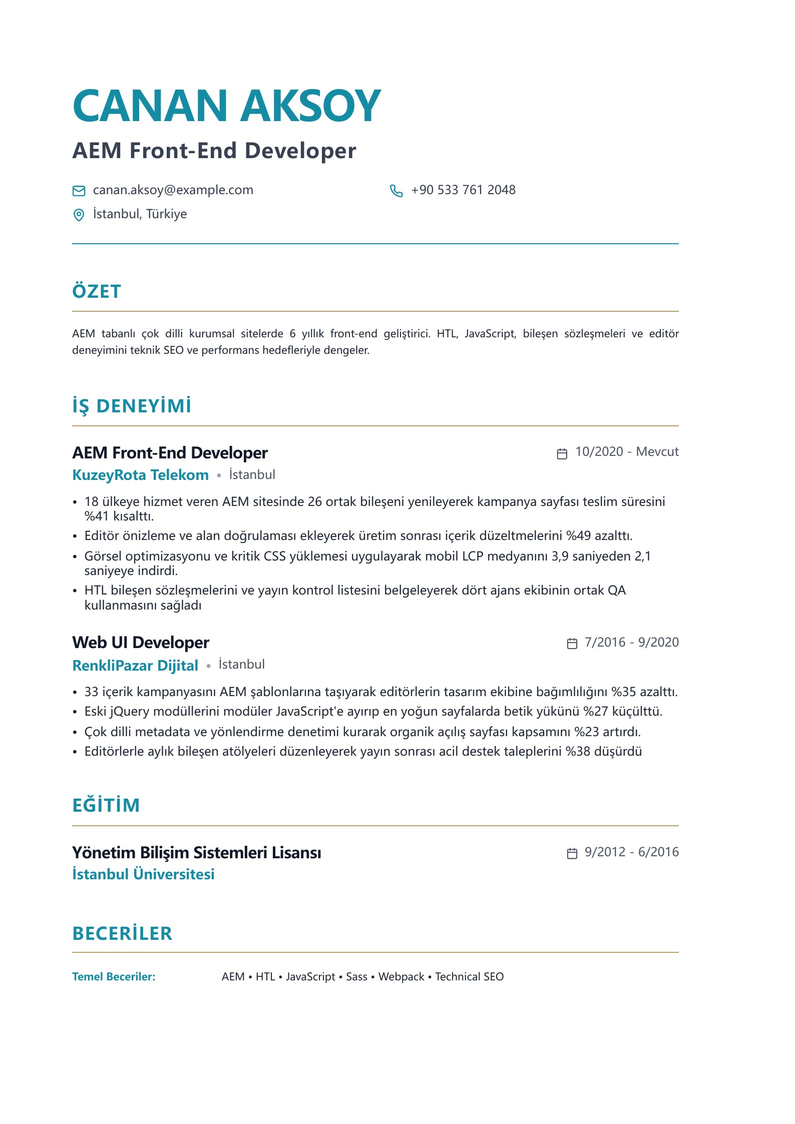 Türkçe Front-End Developer CV Örnekleri PDF indirme ve yazım rehberiyle önizlemesi