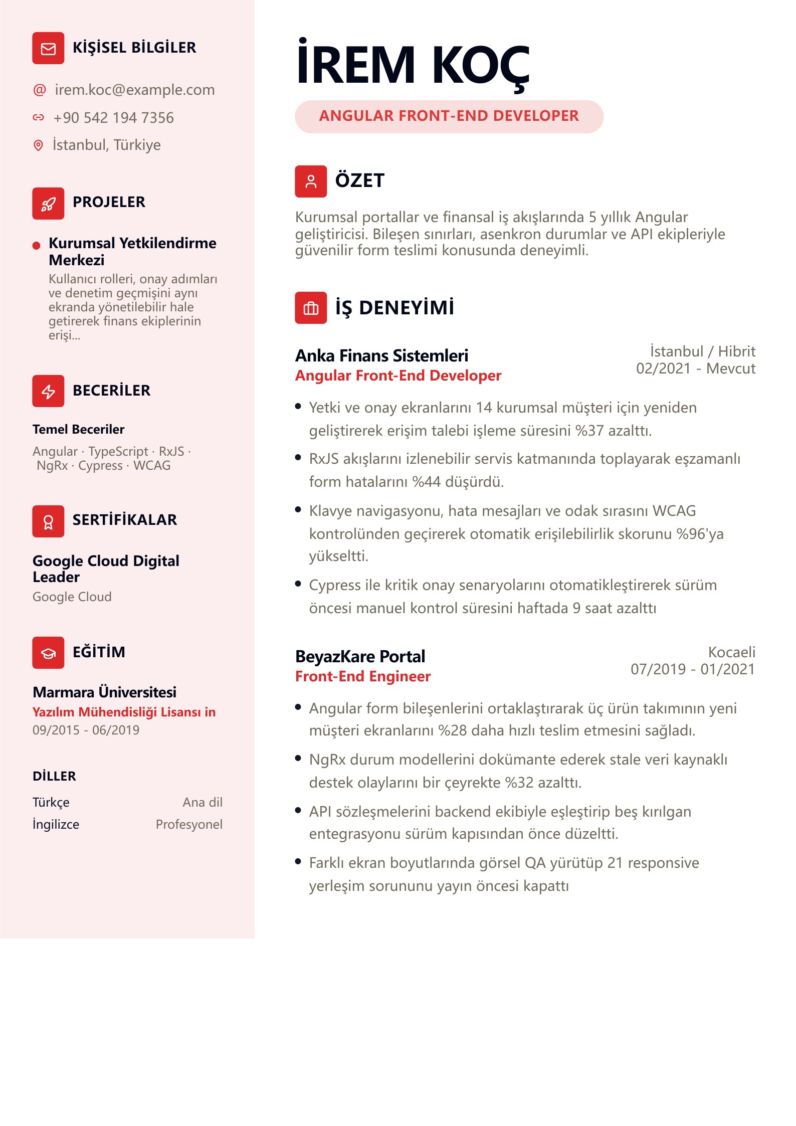 Angular Front-End Developer CV Örneği - Türkçe CV örneği