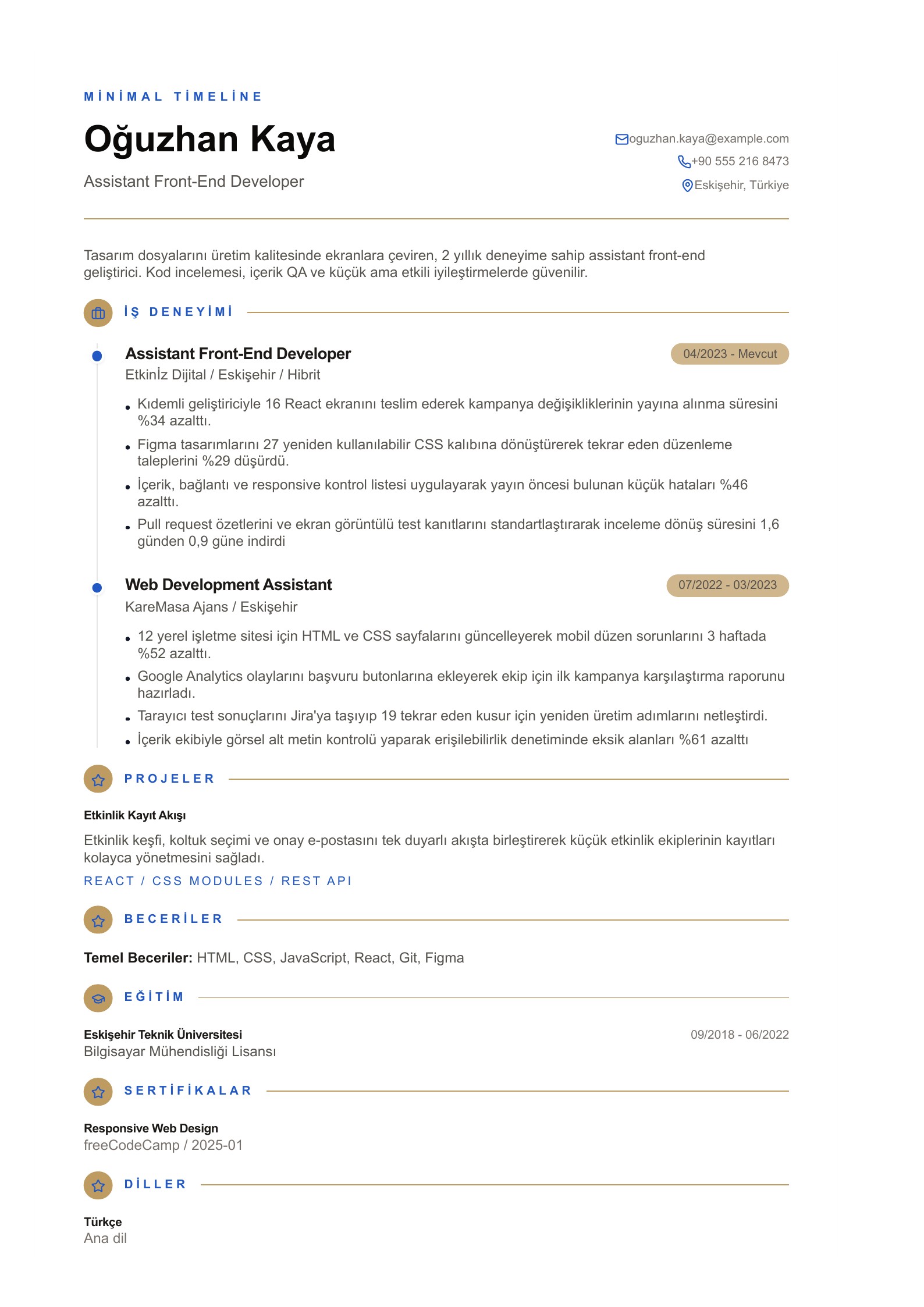 Assistant Front-End Developer CV Örneği - Türkçe CV örneği