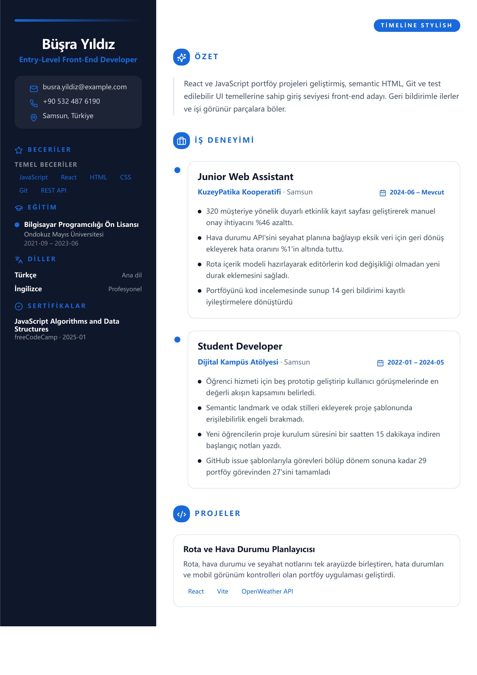 Entry-Level Front-End Developer CV Örneği - Türkçe CV örneği