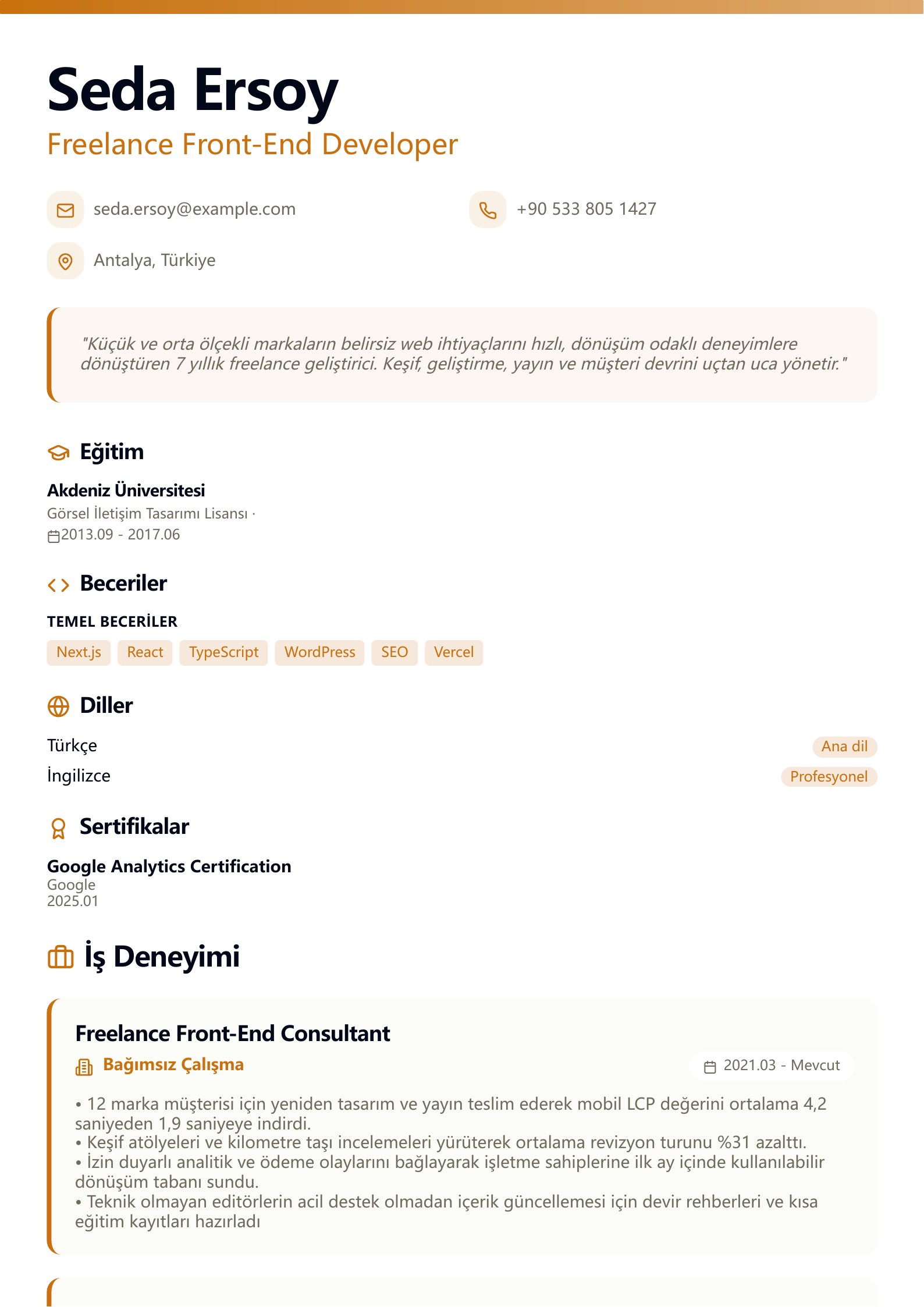 Freelance Front-End Developer CV Örneği - Türkçe CV örneği