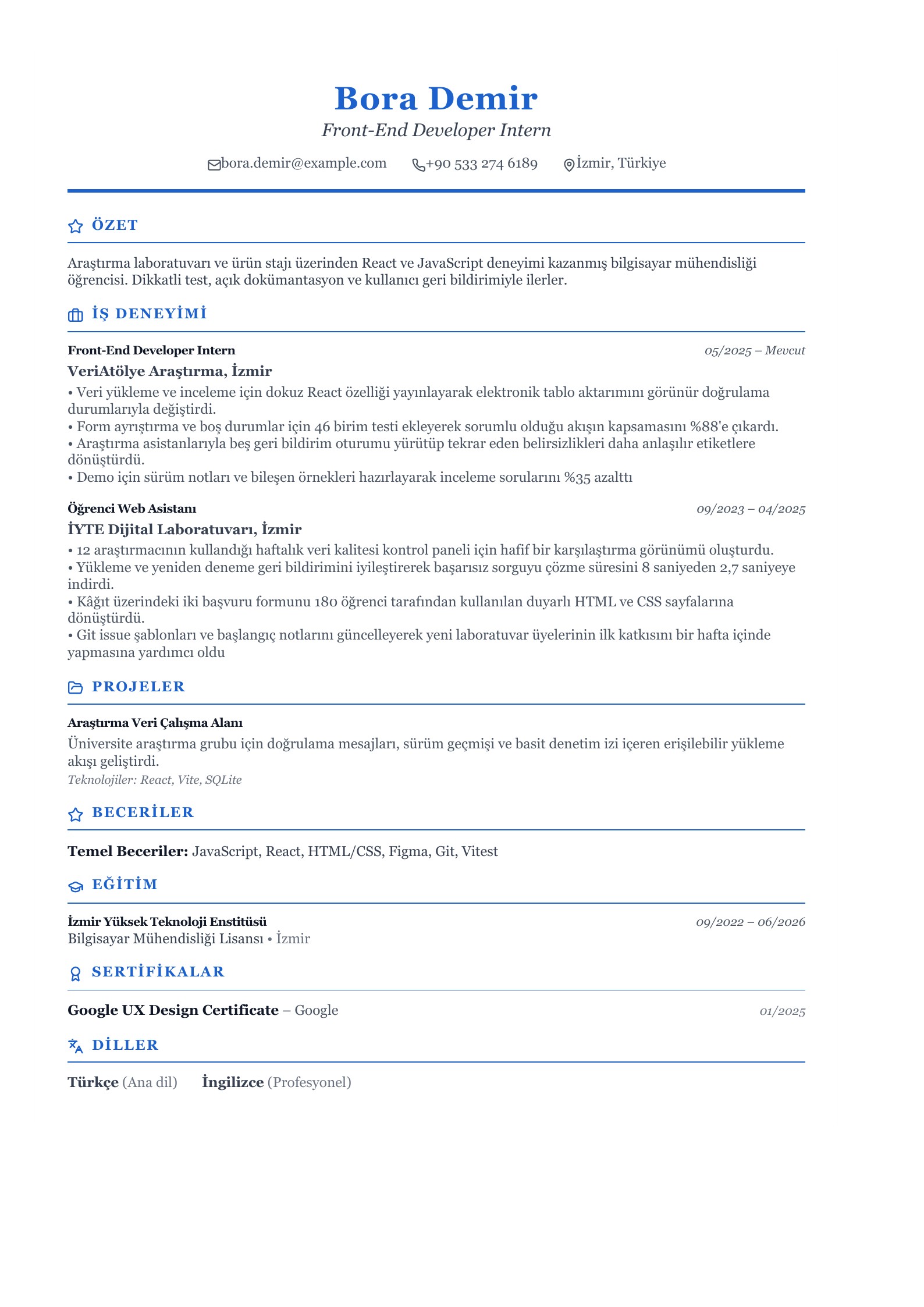 Front-End Developer Intern CV Örneği - Türkçe CV örneği