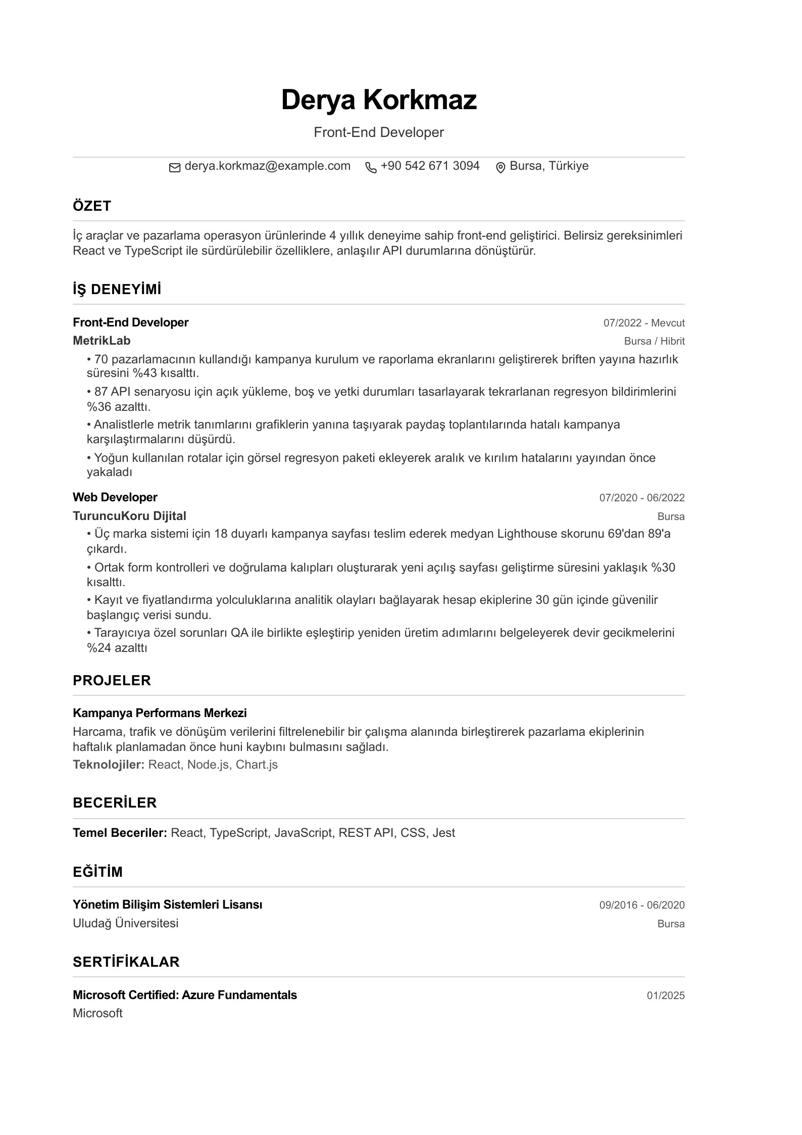 Front-End Developer CV Örneği - Türkçe CV örneği