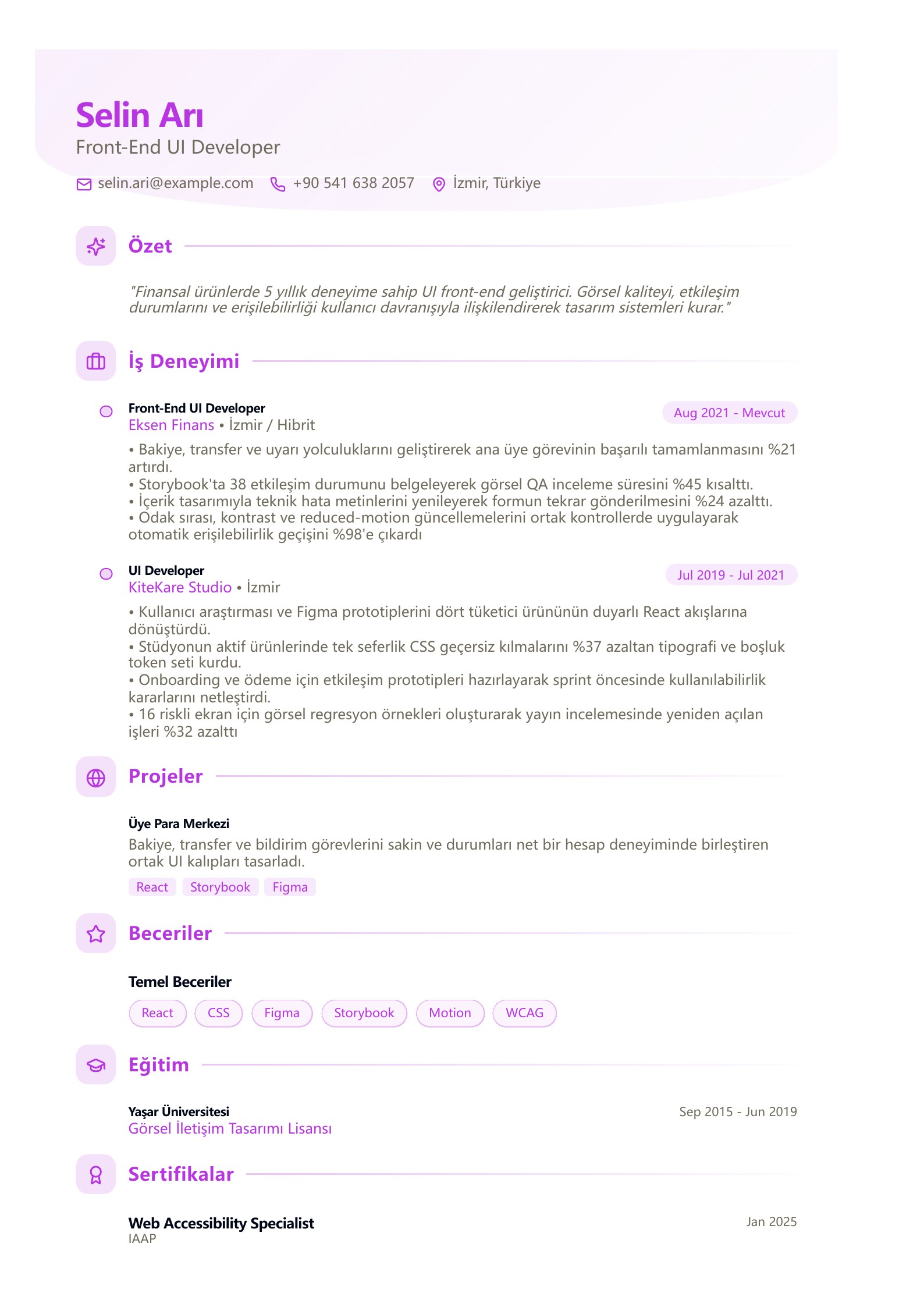 Front-End UI Developer CV Örneği - Türkçe CV örneği