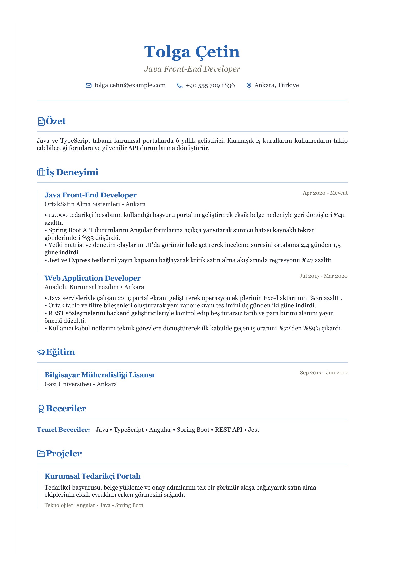 Java Front-End Developer CV Örneği - Türkçe CV örneği