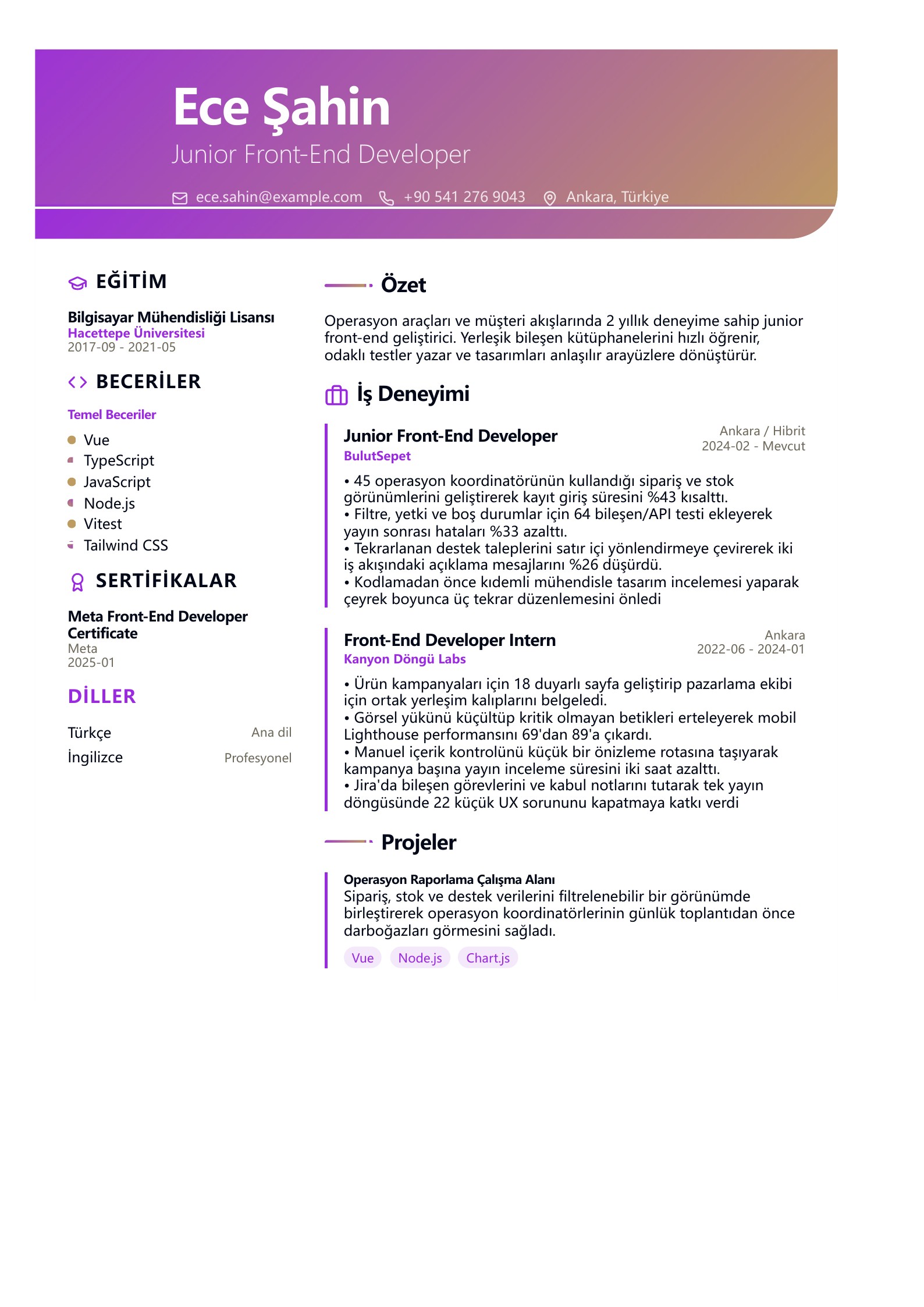 Junior Front-End Developer CV Örneği - Türkçe CV örneği