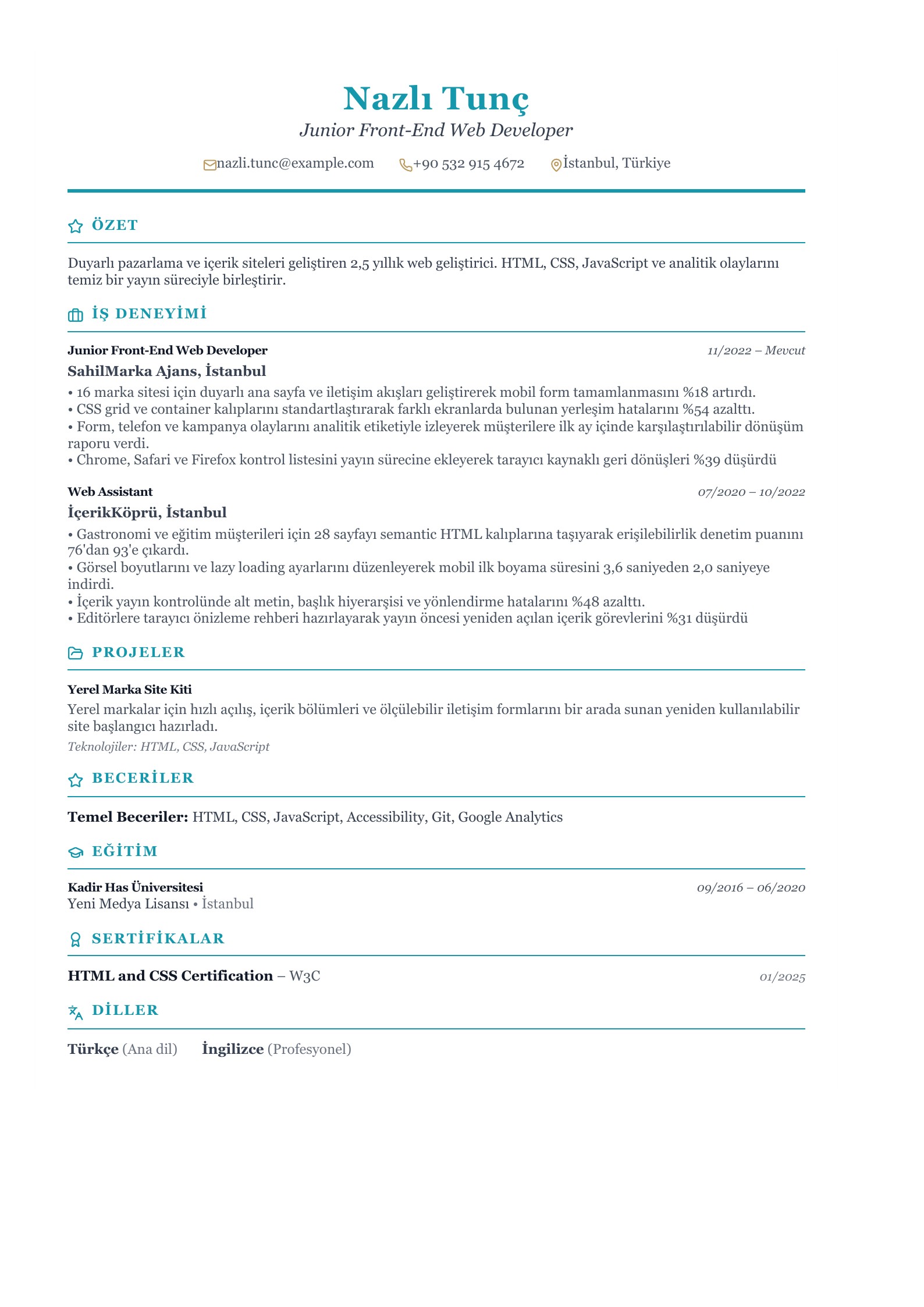Junior Front-End Web Developer CV Örneği - Türkçe CV örneği