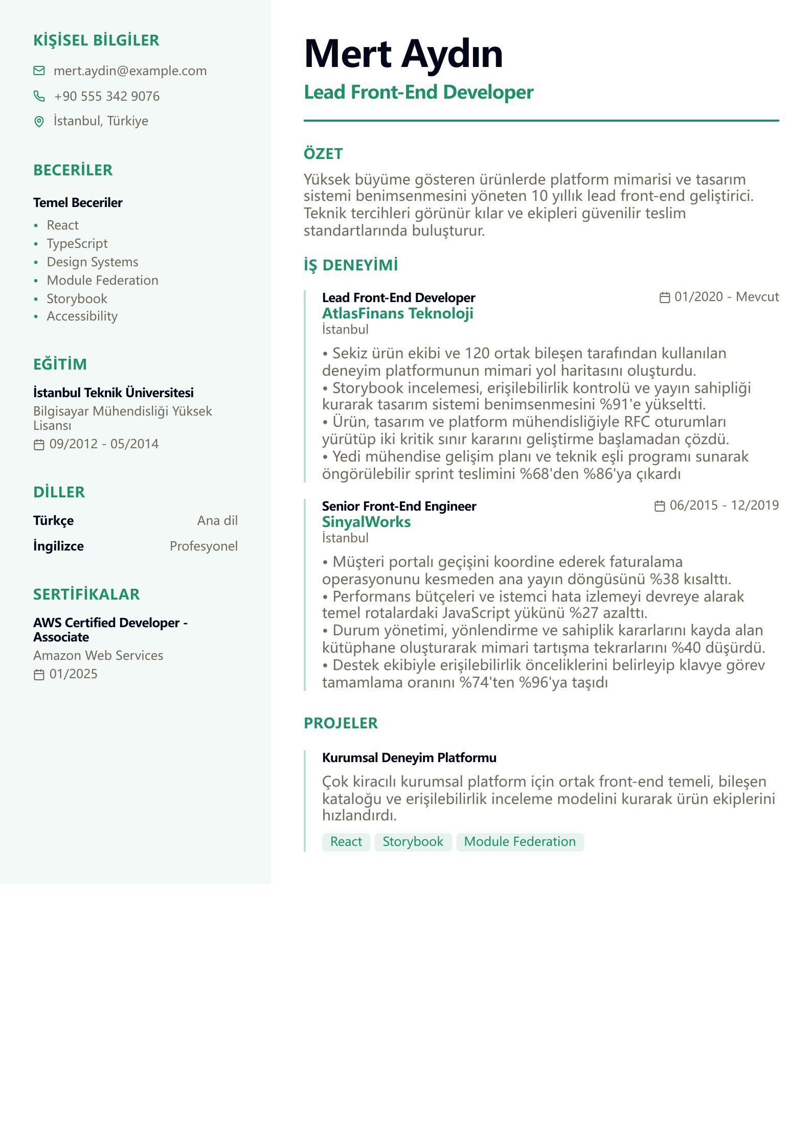 Lead Front-End Developer CV Örneği - Türkçe CV örneği