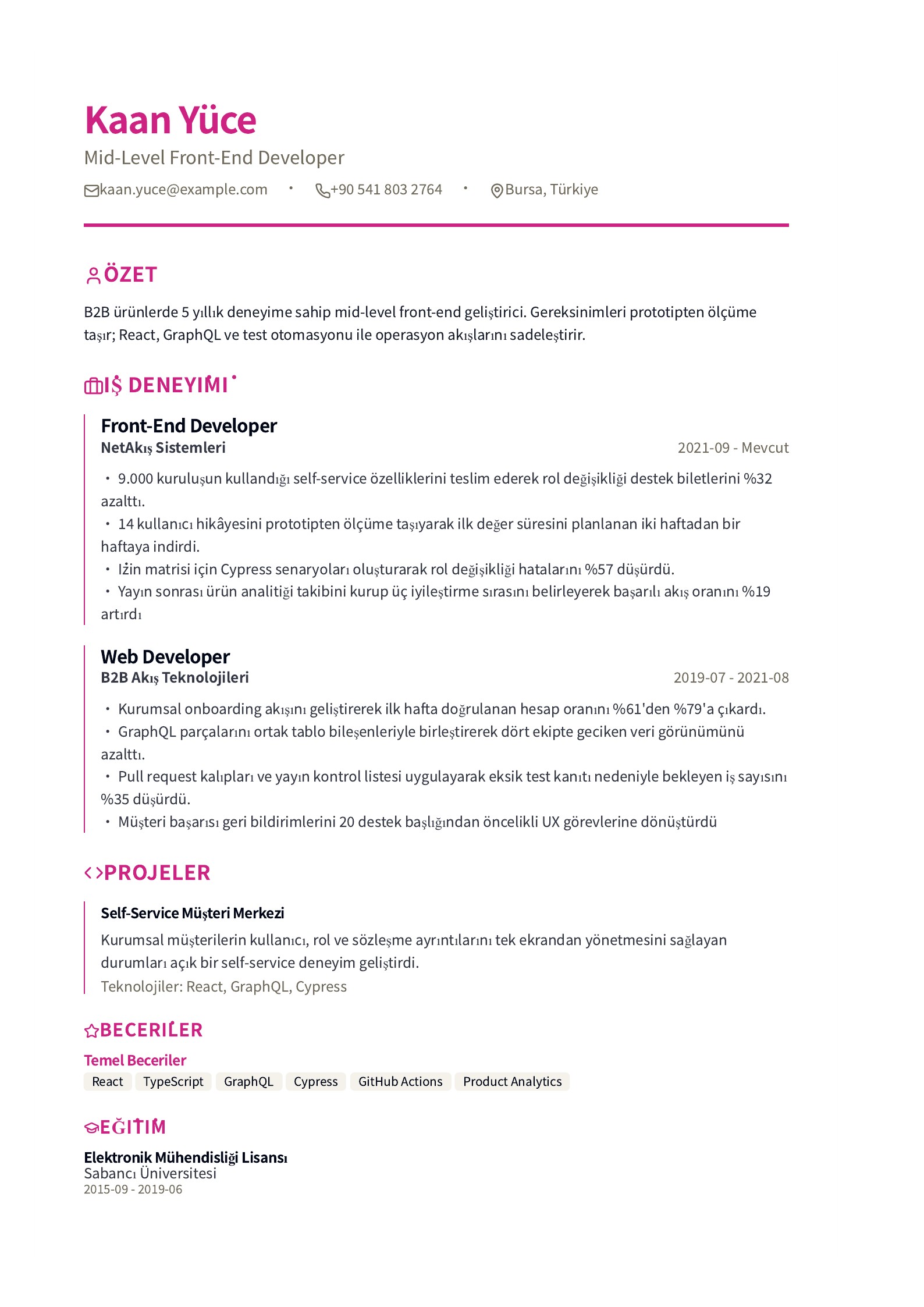 Mid-Level Front-End Developer CV Örneği - Türkçe CV örneği