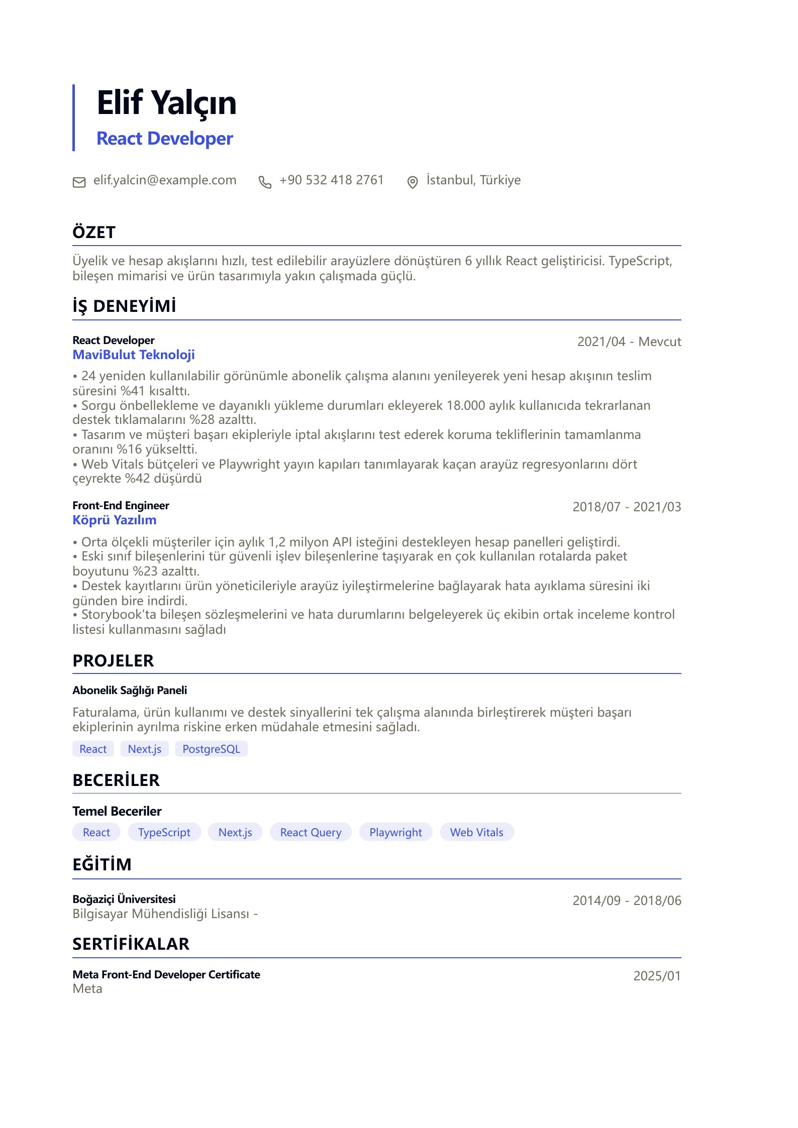 React Developer CV Örneği - Türkçe CV örneği