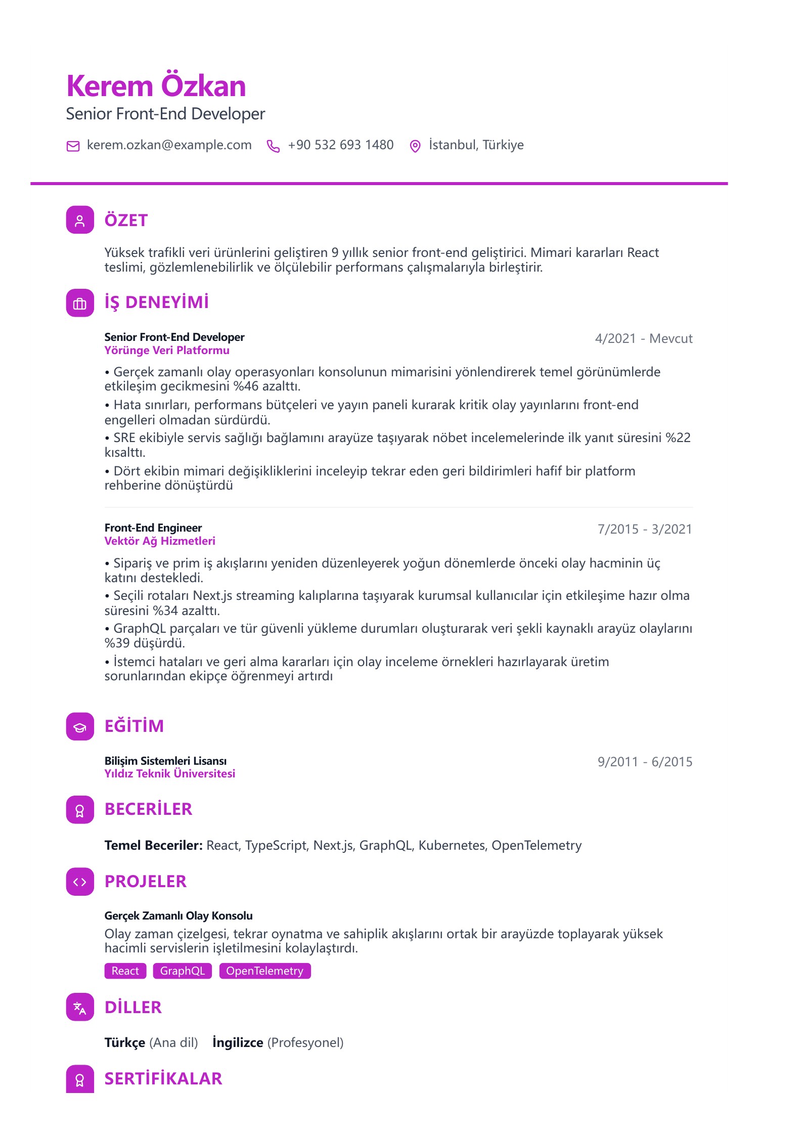 Senior Front-End Developer CV Örneği - Türkçe CV örneği