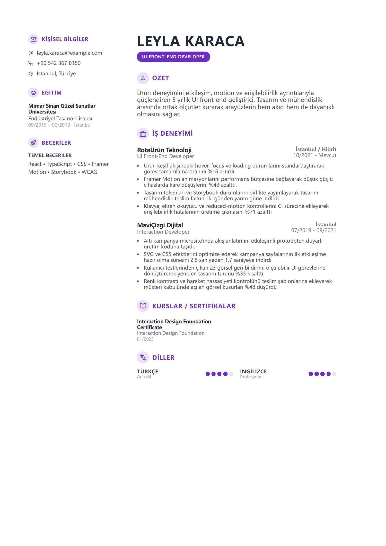 UI Front-End Developer CV Örneği - Türkçe CV örneği