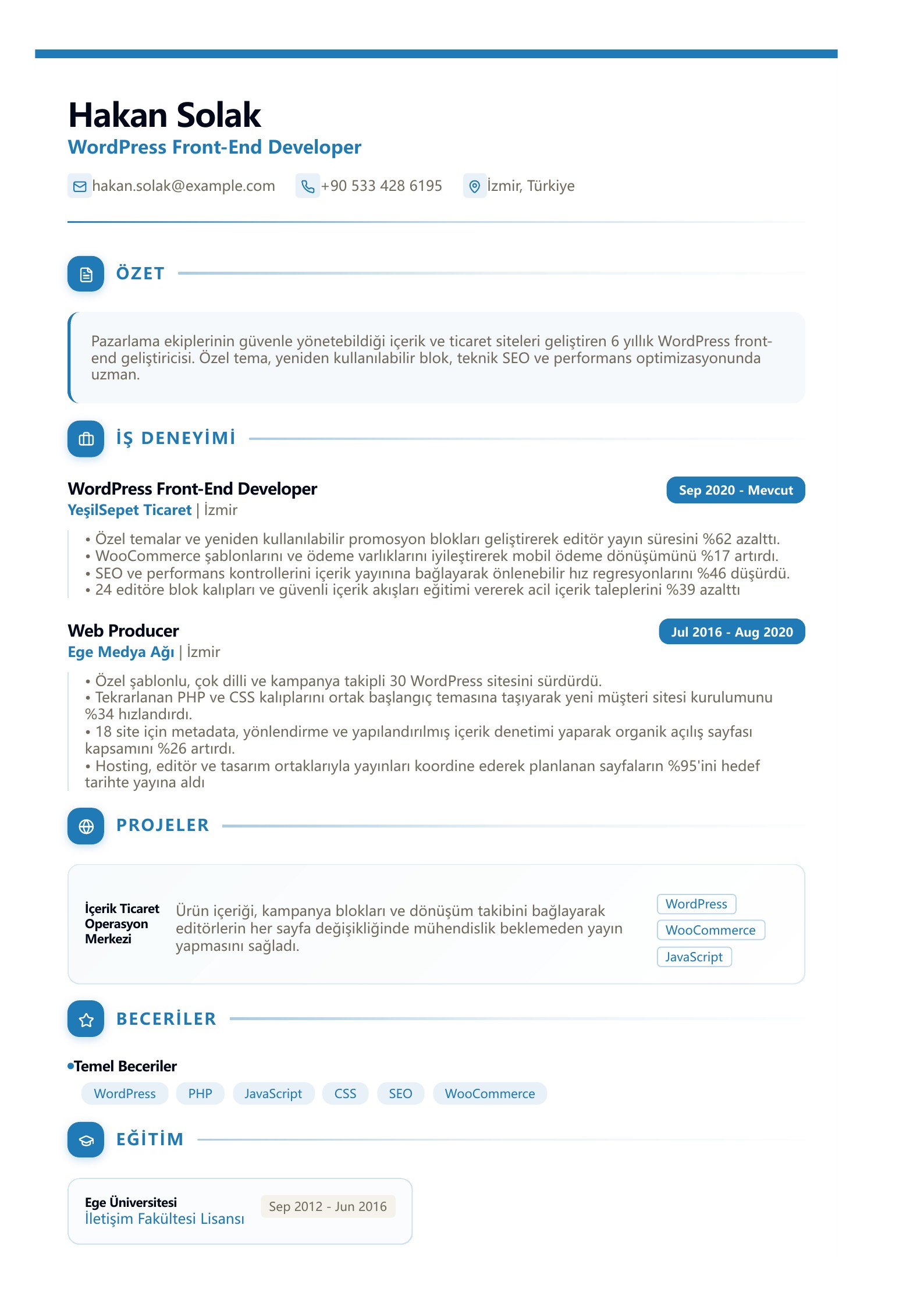 WordPress Front-End Developer CV Örneği - Türkçe CV örneği