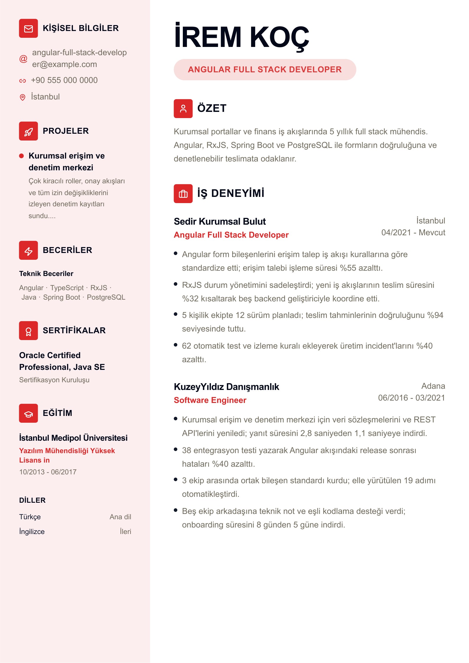 Türkçe Full Stack Developer CV Örnekleri ücretsiz PDF indirme önizlemesi